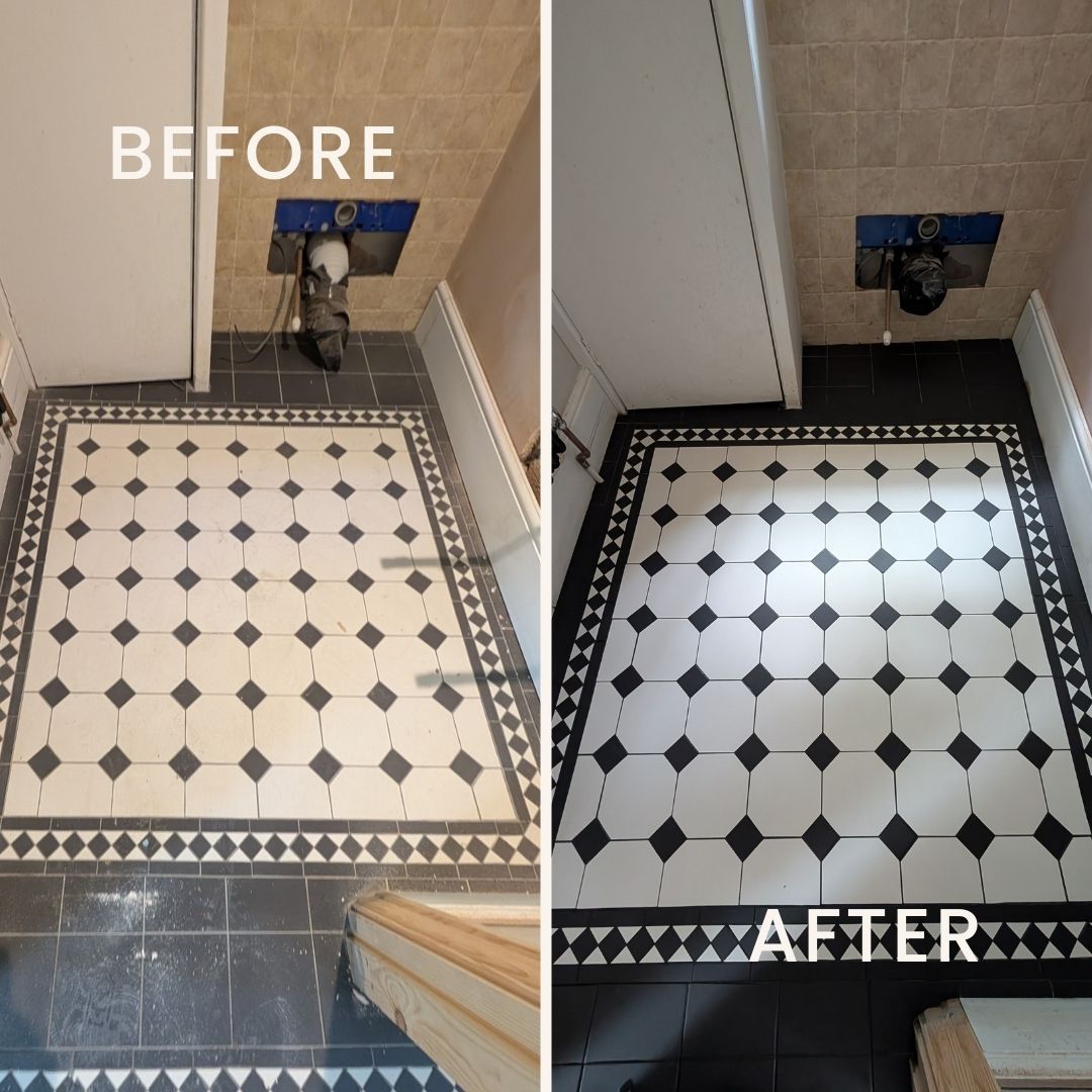 Before and after photos of a damaged tiled area, professionally cleaned and sealed, with grout lines and tile surface fully restored to original appearance.