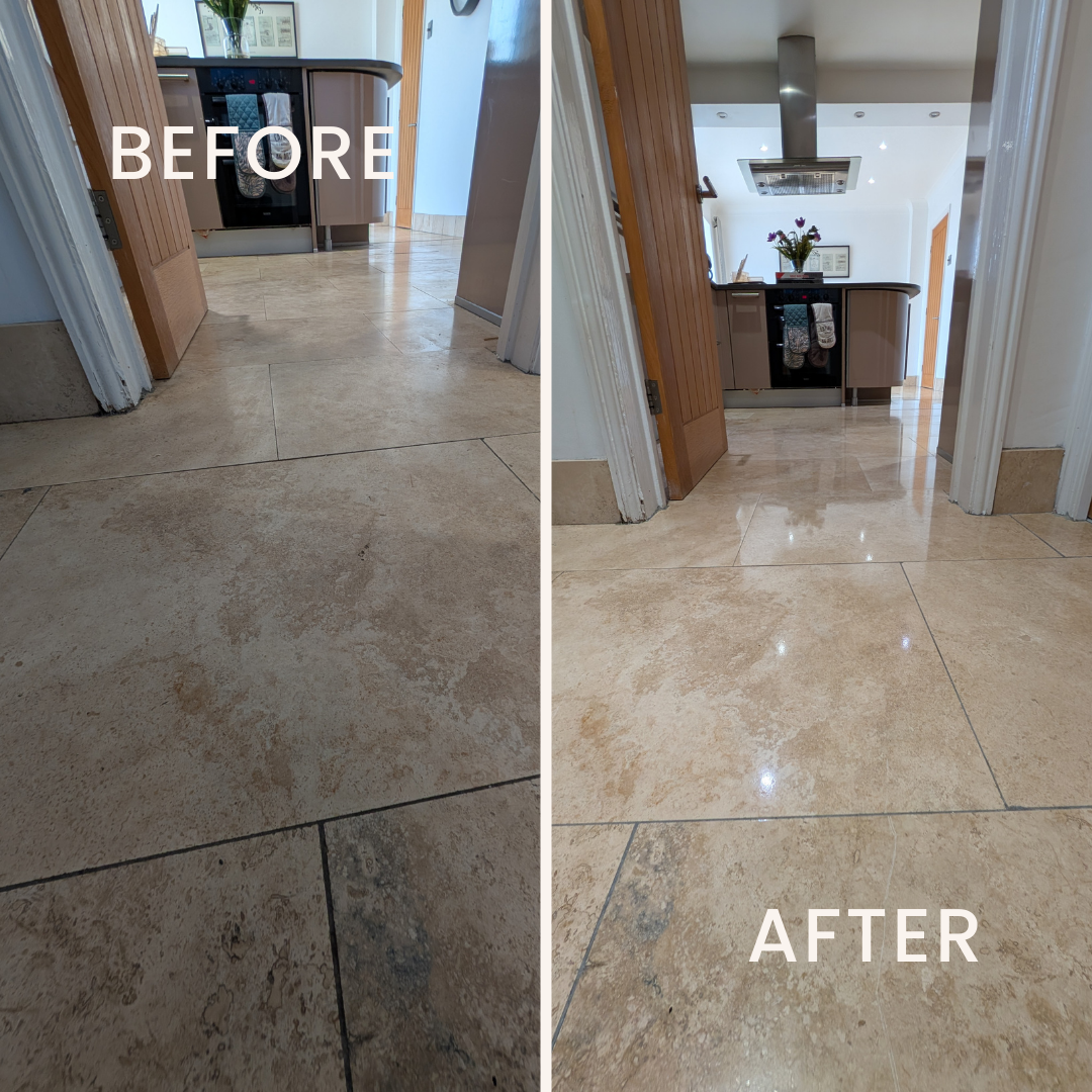 Before and after comparison of a travertine floor restored by Quality Tile Care. The left image shows the floor dull, stained, and worn before deep cleaning. The right image showcases the same floor after professional cleaning, polished to a high sheen, and sealed for long-lasting protection.