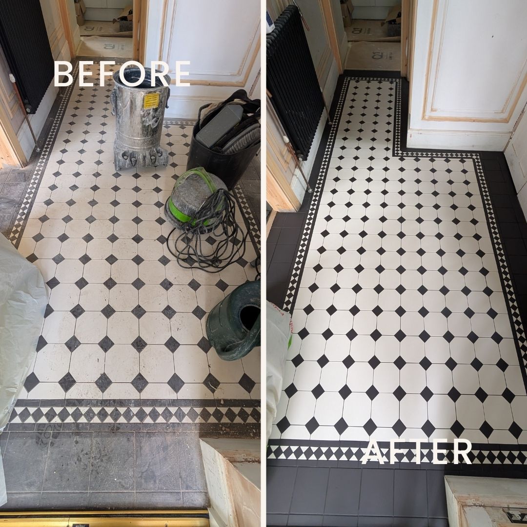 Before and after images of a tiled floor showing grout haze,  and adhesive residue removed