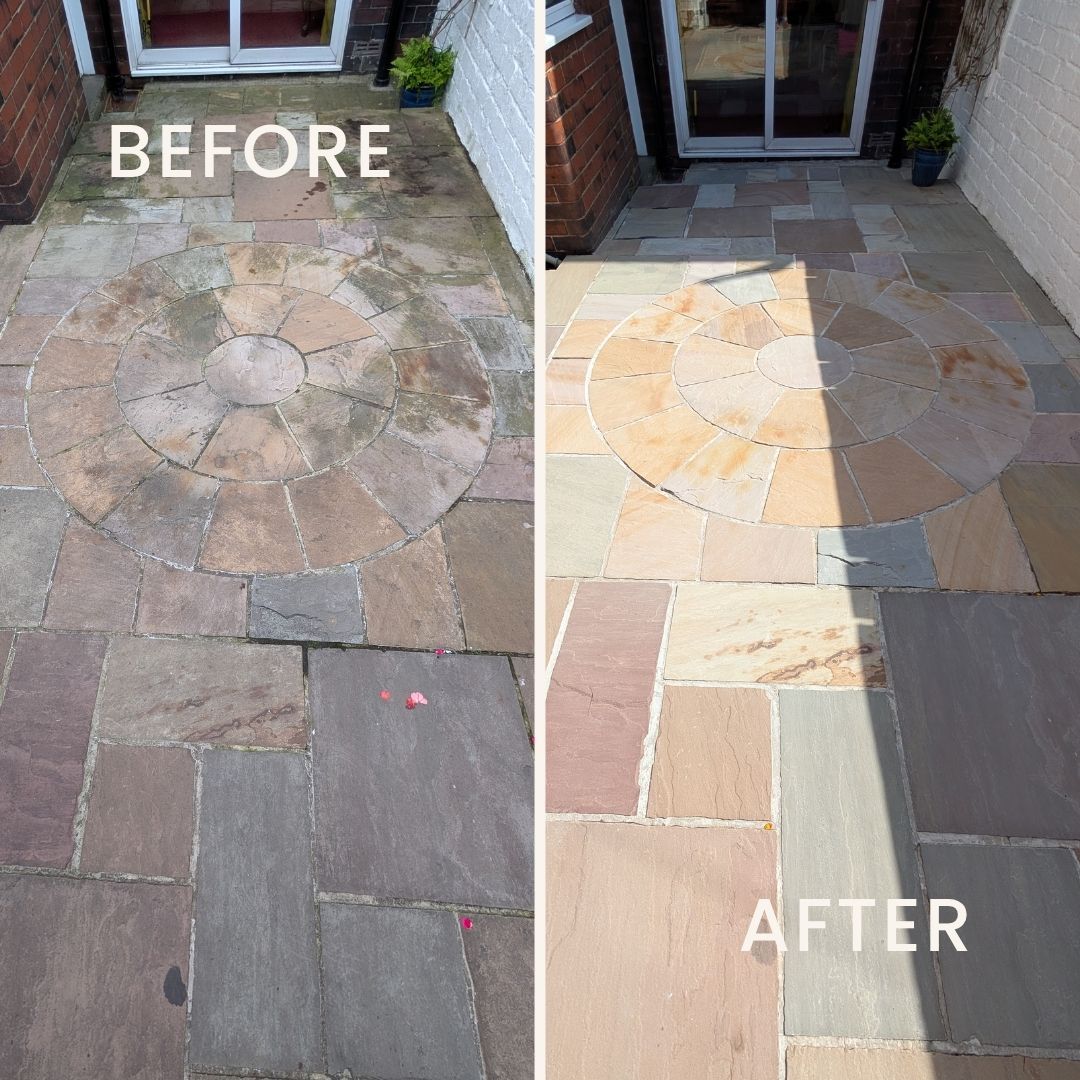 Indian sandstone patio with surface staining, algae, dirt and black spots before and after cleaning