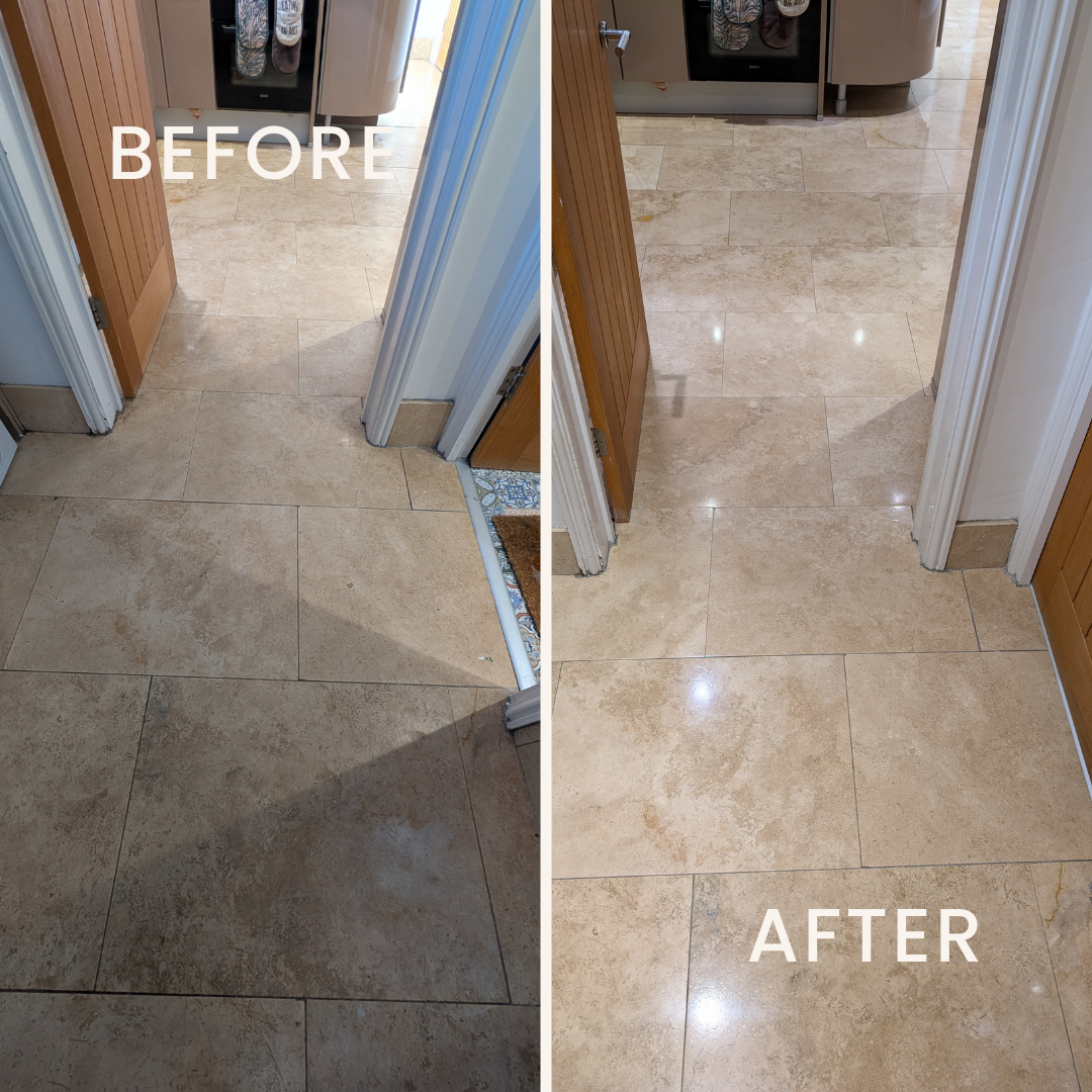 Travertine floor restoration in Warrington by Quality Tile Care. The before image displays a worn and discoloured surface, while the after image showcases a deep-cleaned, polished, and sealed floor with a stunning glossy finish, enhancing both appearance and longevity.