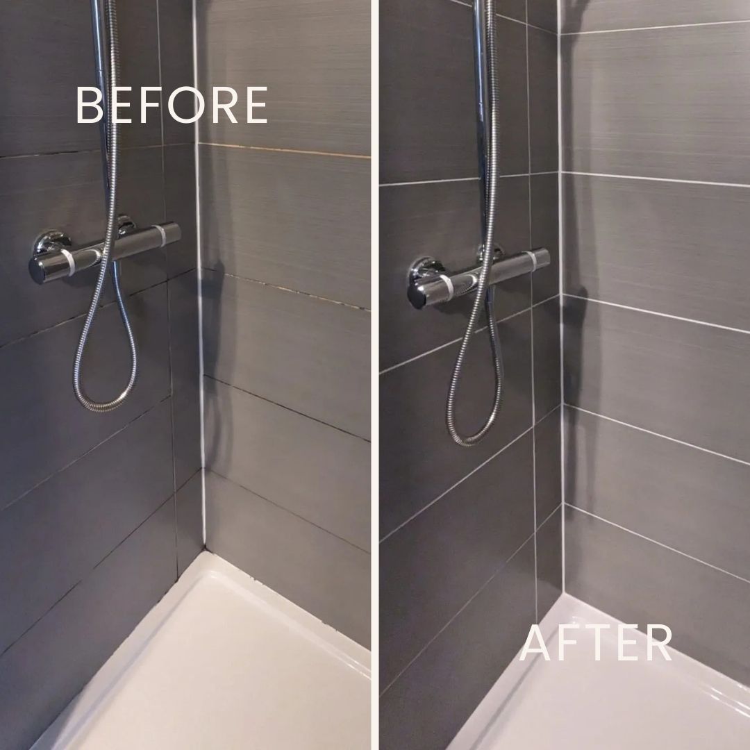 A before and after picture of a shower stall