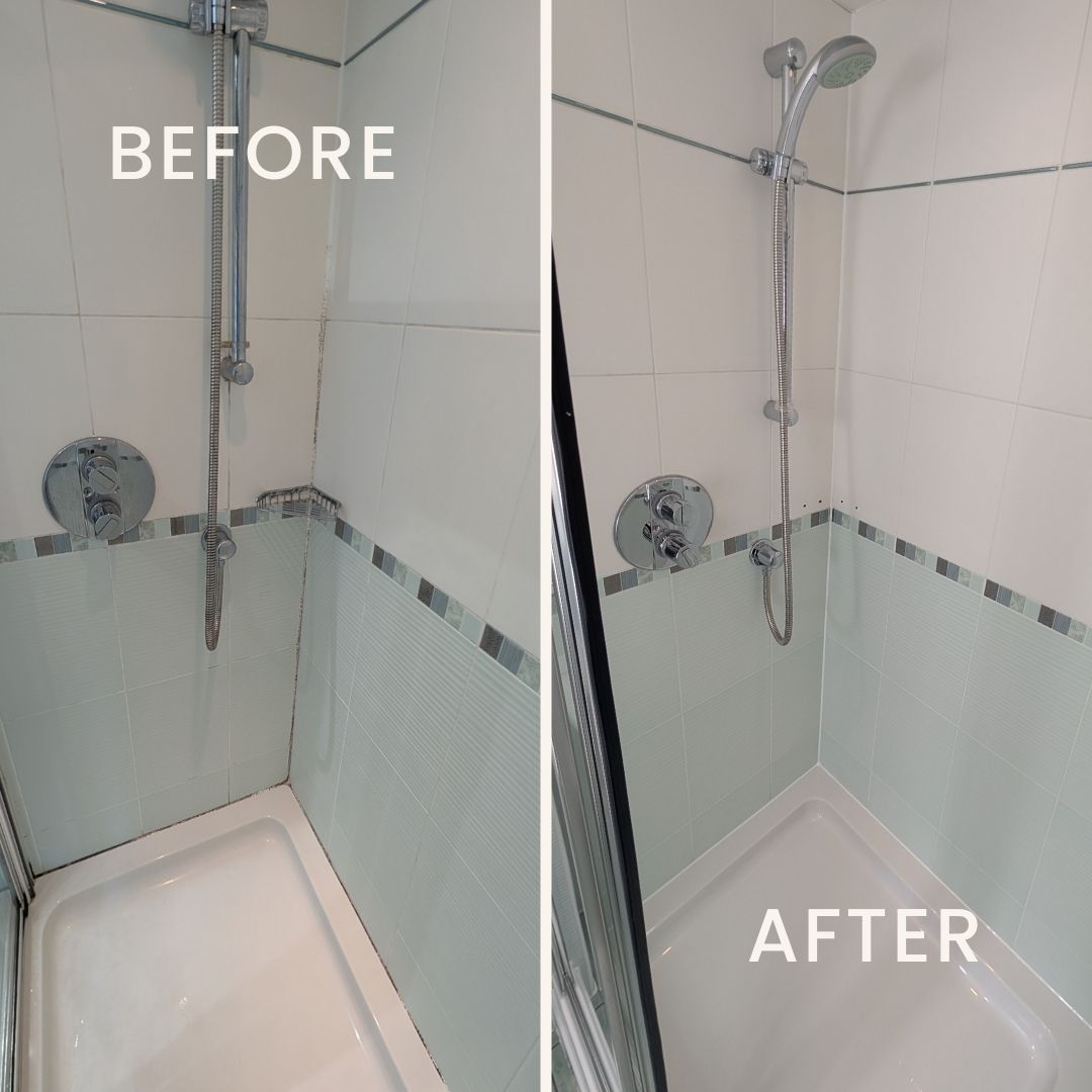 Before and after photo of a shower cubicle renovation showing the dramatic transformation — from mould-stained tiles, grout, and silicone to a clean, freshly sealed and restored shower area with new silicone and removed ceiling mould.