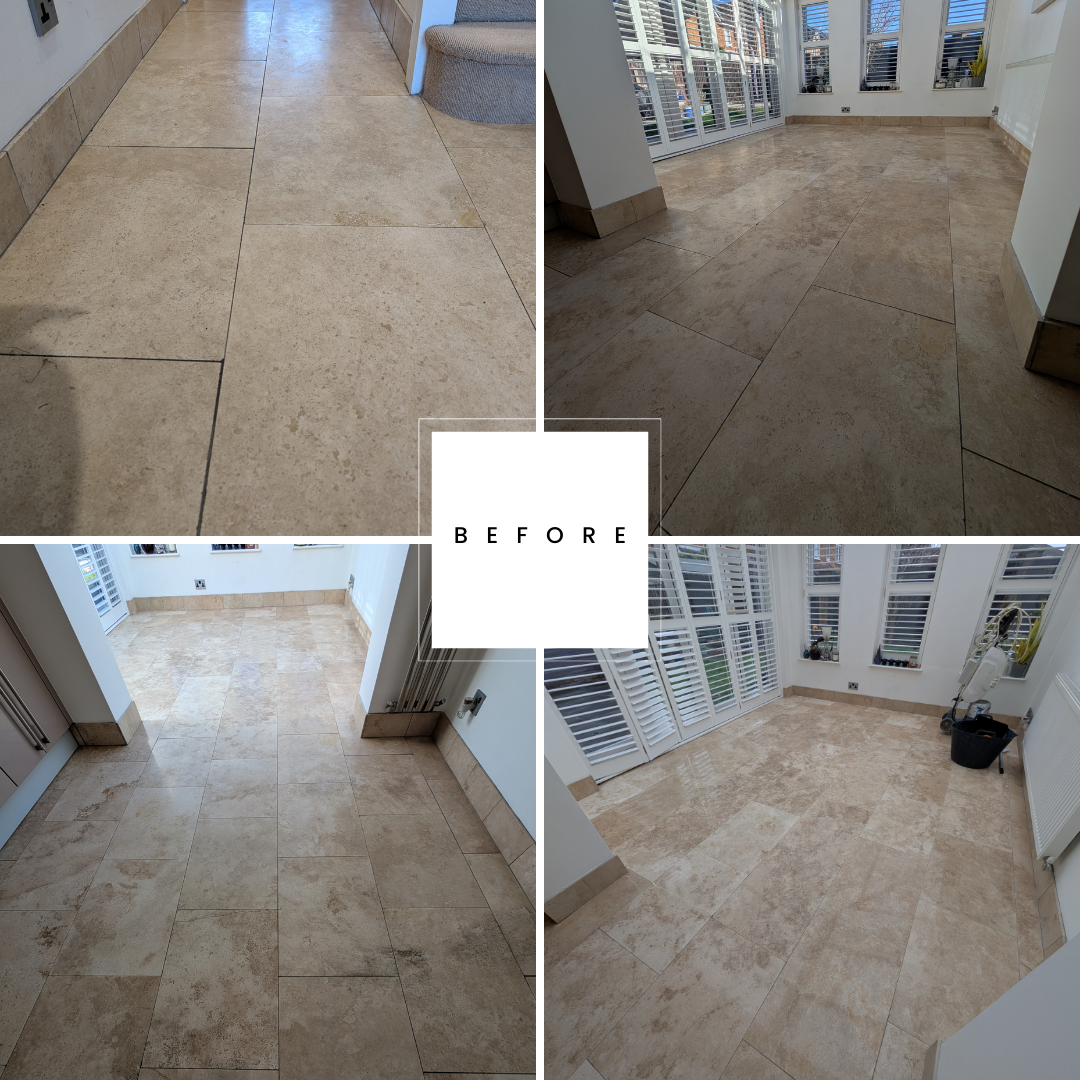 Collage of travertine floor before restoration by Quality Tile Care in Warrington. The images show dull, stained, and worn tiles in need of deep cleaning, polishing, and sealing to restore their natural beauty.