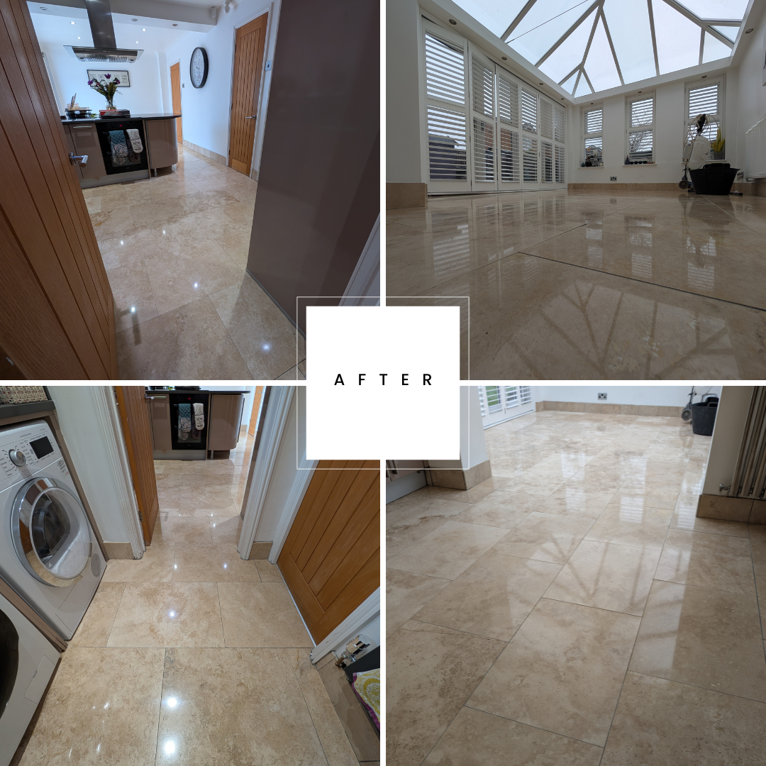 Collage of travertine floor after professional restoration by Quality Tile Care in Warrington. The images highlight the floor’s transformation, showcasing a deep-cleaned, polished, and sealed surface with a high-sheen finish.