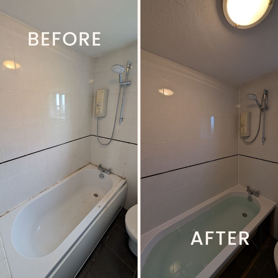 Second before and after collage of a shower bath area in Didsbury, highlighting the transformation from dirty grout and mould buildup to a clean, bright and newly restored shower following deep cleaning, sealing, and silicone replacement.