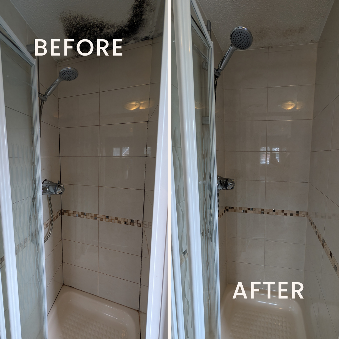Before and after photo of a shower cubicle renovation showing the dramatic transformation — from mou