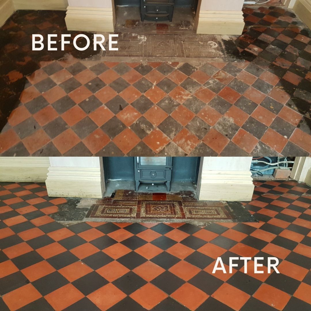 Quarry tile floor restoration deep cleaning sealing wax removal in Greater Manchester. We are based in Hindley, Wigan, but cover also Liverpool, Lancashire and Derbyshire areas. Before and after photos. 