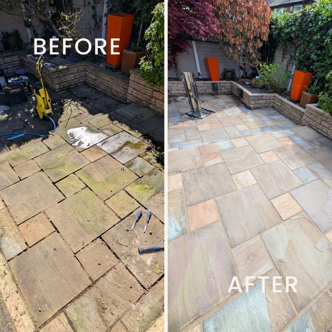 Patio with damaged and missing grout and surface staining on stone tiles, showing signs of wear and poor drainage.Restored patio on the right with fresh Azpects Easyjoint Pro Mushroom grout, clean tiles, and a revitalised, natural matt finish after professional cleaning and sealing.