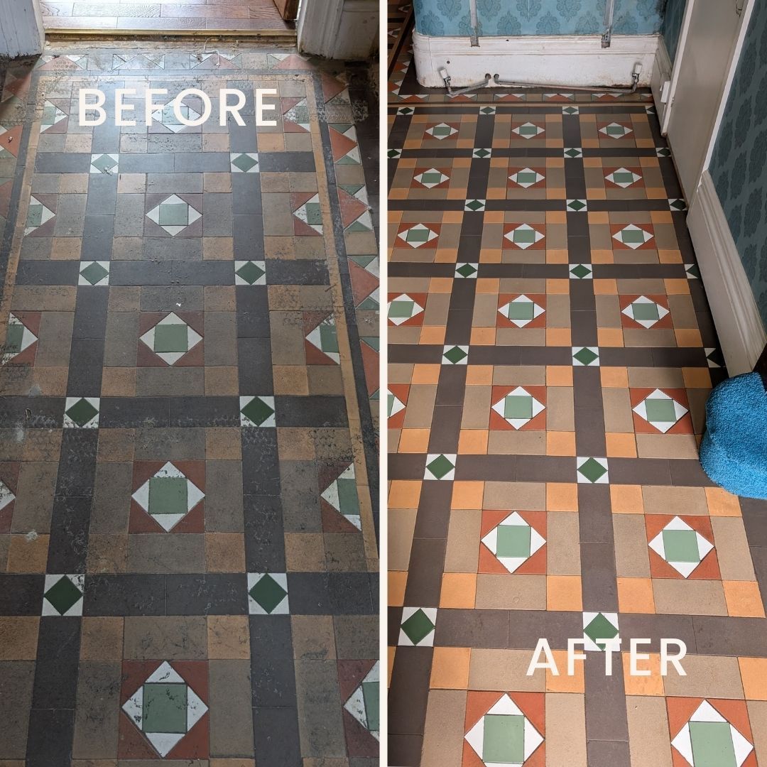Victorian hallway floor before and after restoration by Quality Tile Care