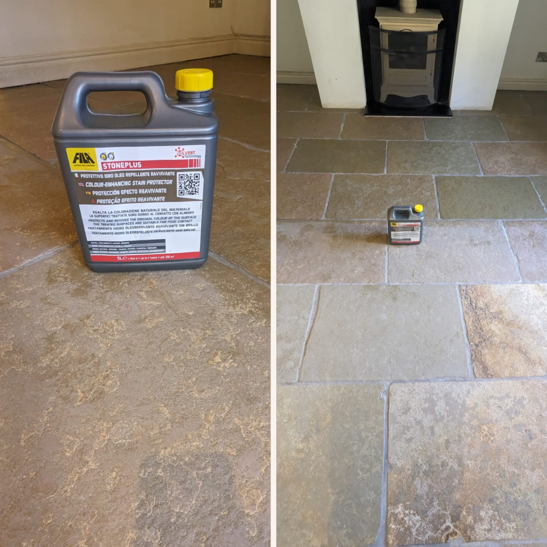 Stone floor restoration deep cleaning sealing wax removal in Stalybridge. We are based in hindley wigan. Before and after photos. Sealing with Fila StonePlus. 
