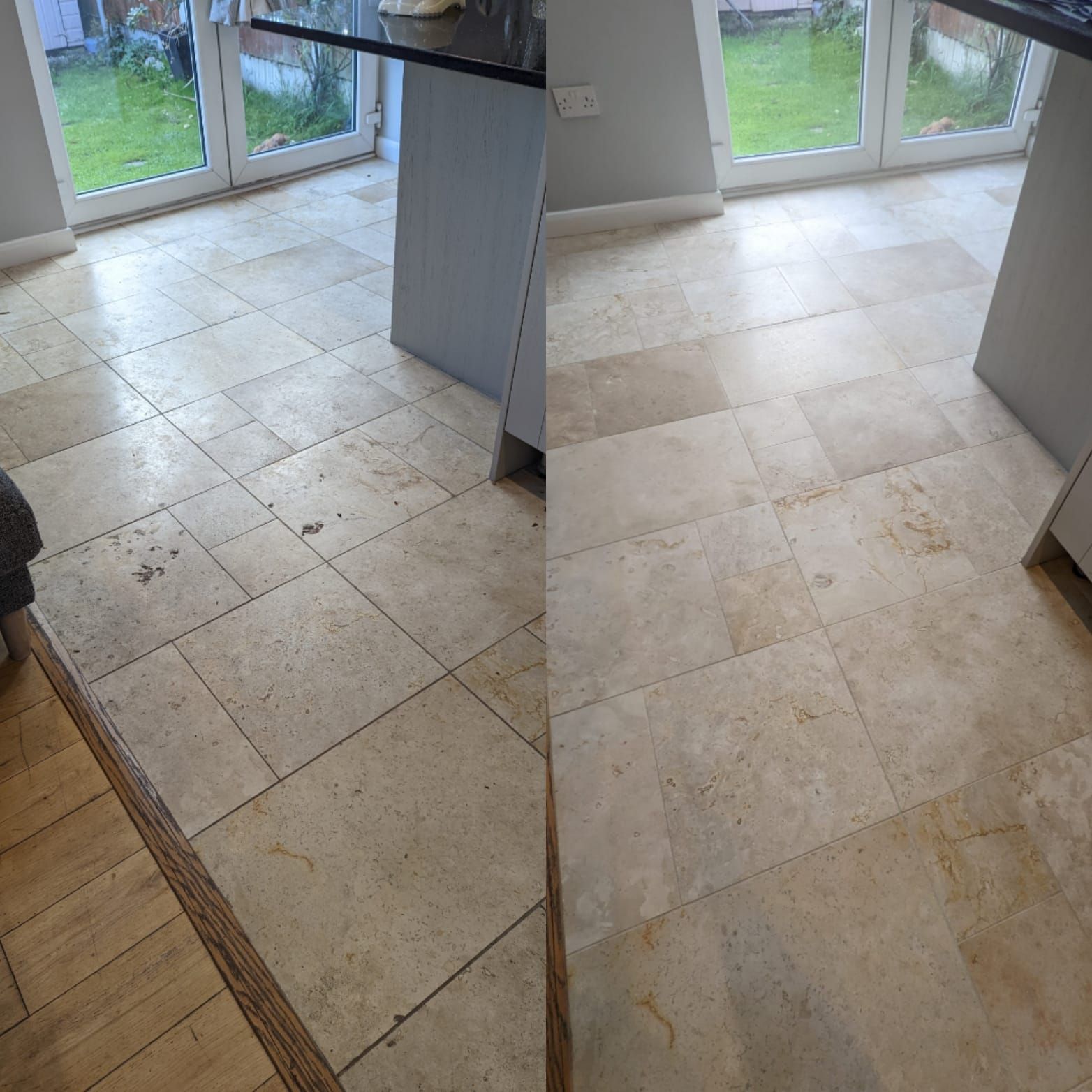 Limestone travertine deep cleaning, polishing, sealing and grout cleaning in Greater Manchester. Filling in holes with a resin filler.