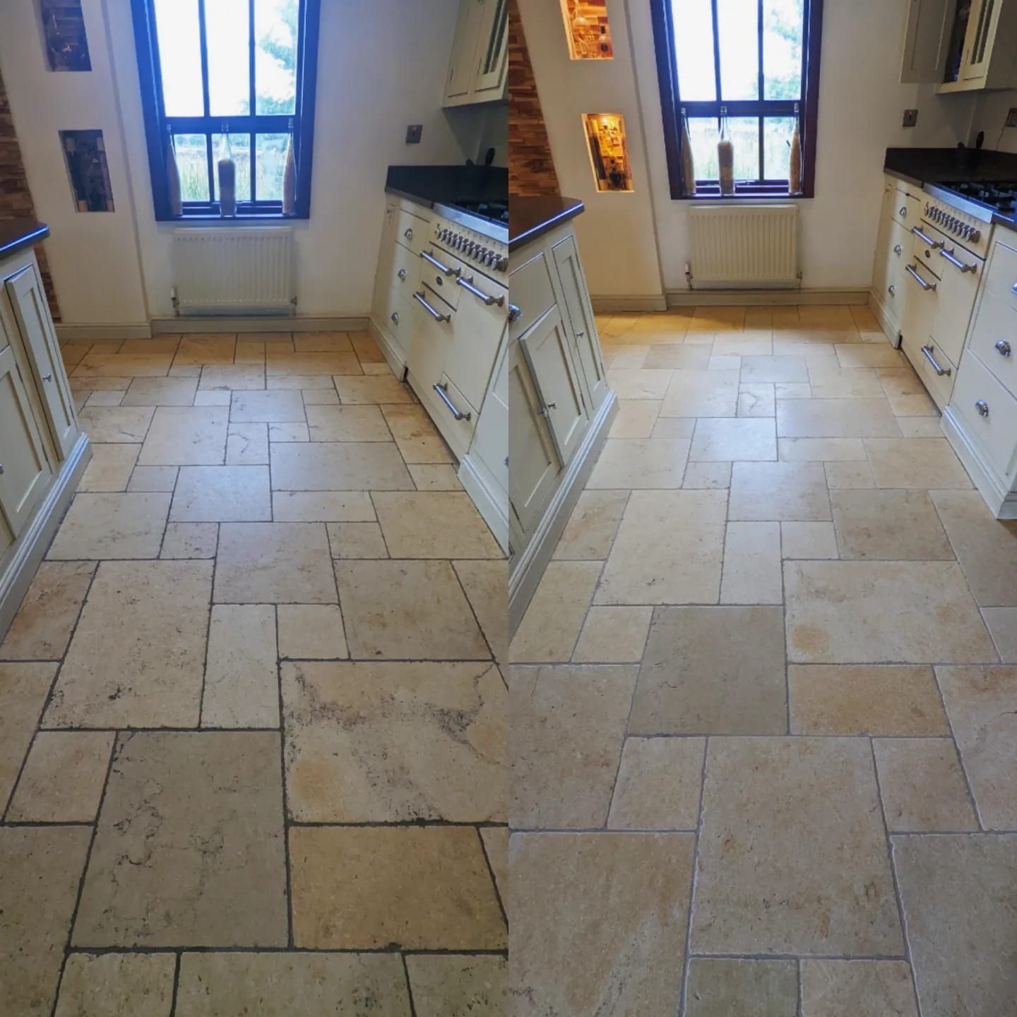 Limestone travertine deep cleaning, polishing, sealing and grout cleaning in Greater Manchester. Filling in holes with a resin filler.