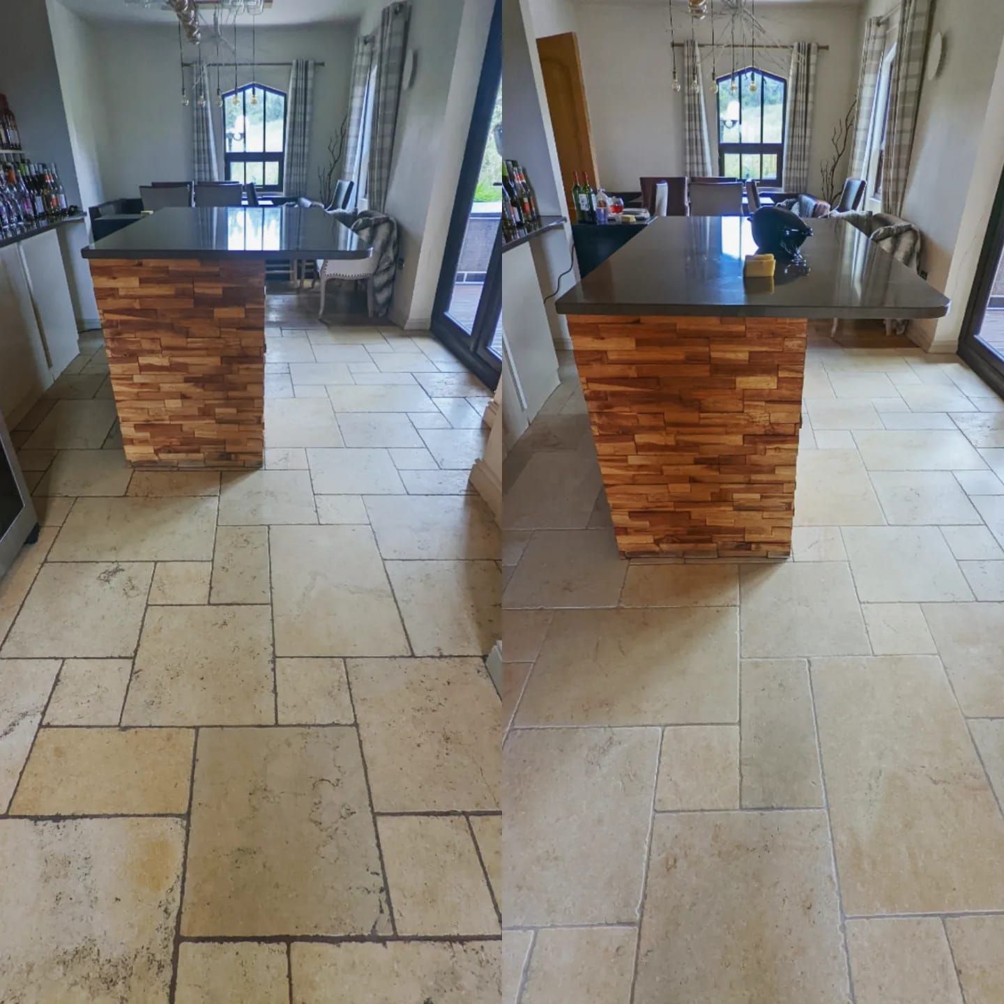 A before and after photo of a kitchen with tile floors