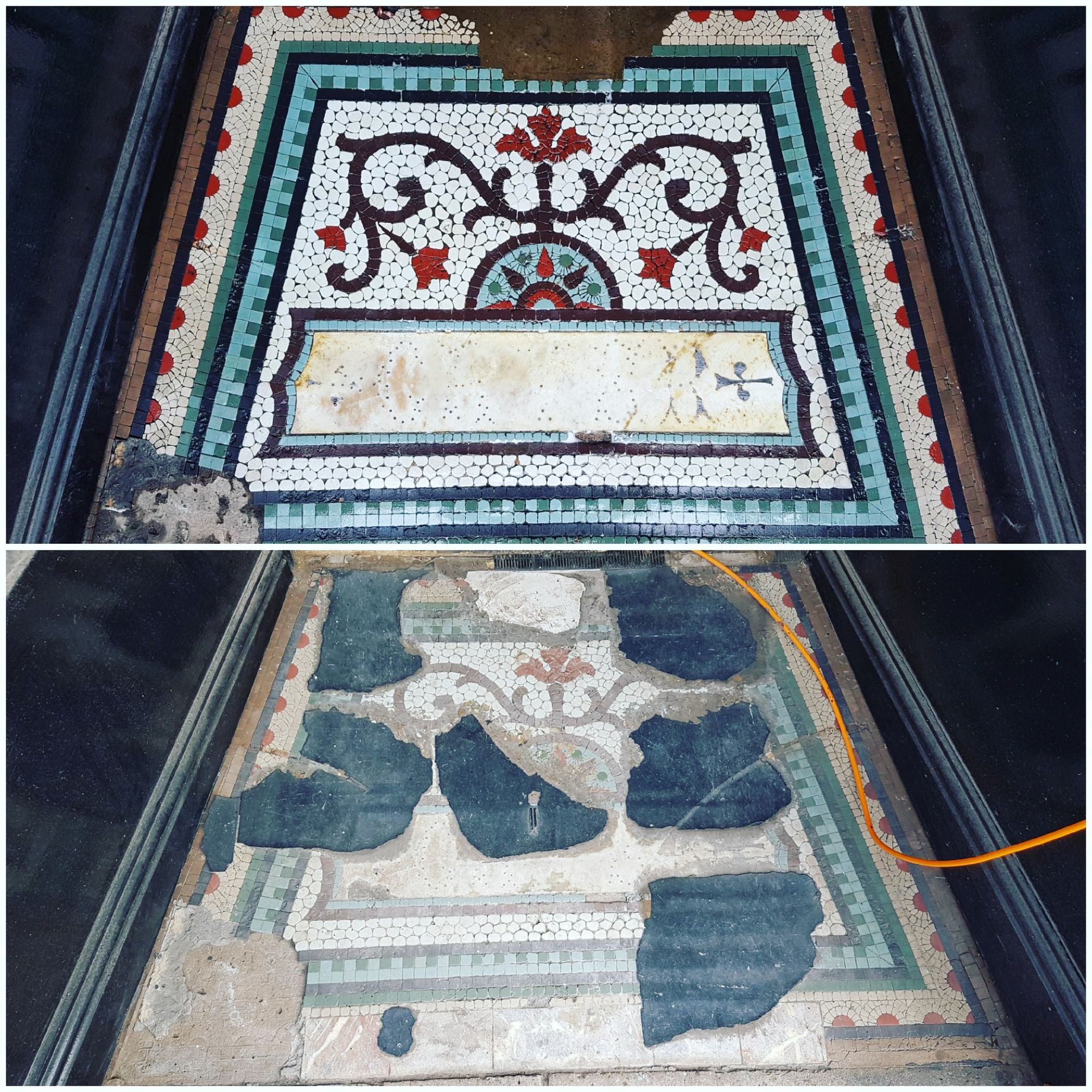 Restored Minton tile floor in a heritage property in Tyldesley. Deep cleaned, repaired and sealed with an impregnating sealer
