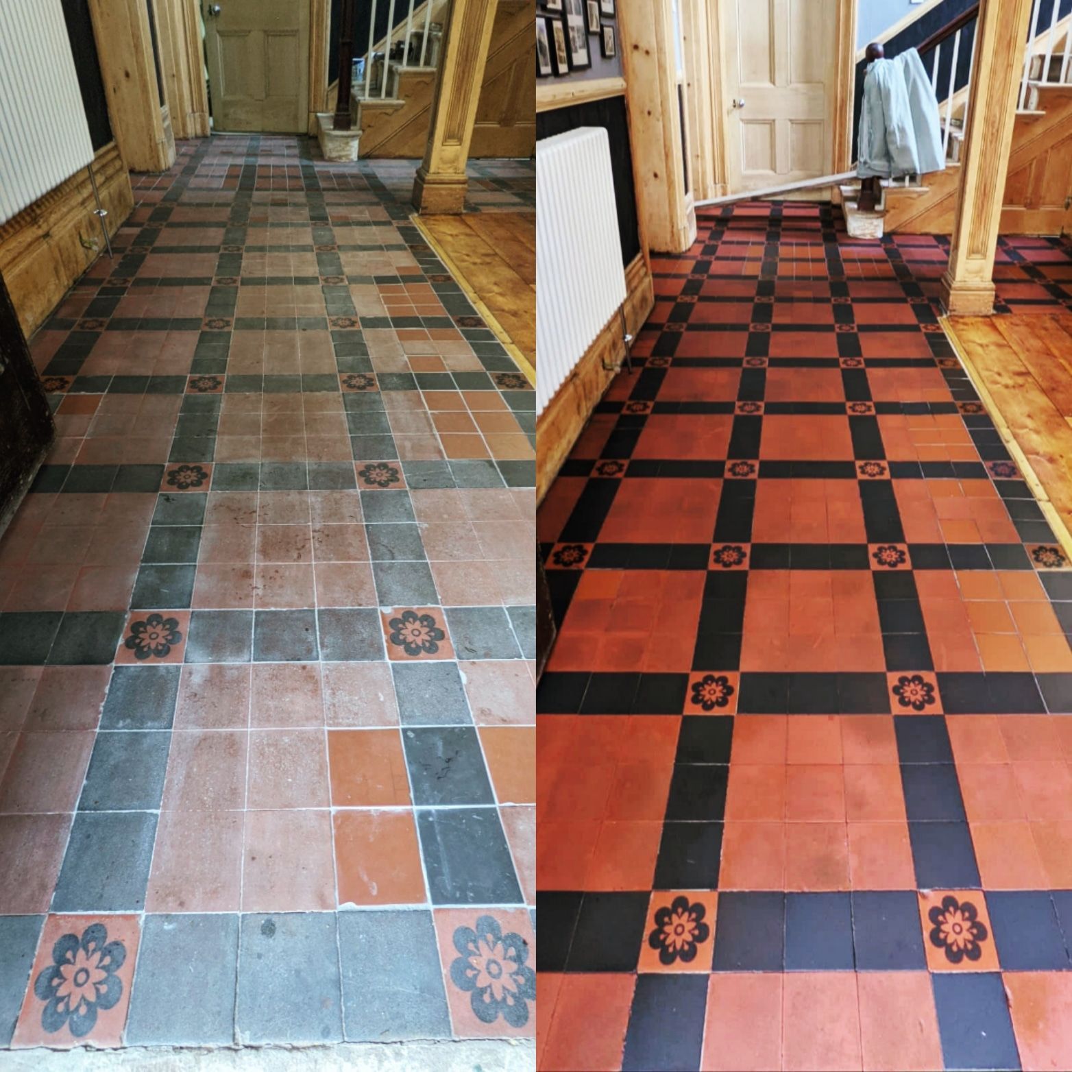 Before and after deep cleaning and sealing of a Victorian tile floor in Stockport. Treated with a high-quality impregnating sealer.