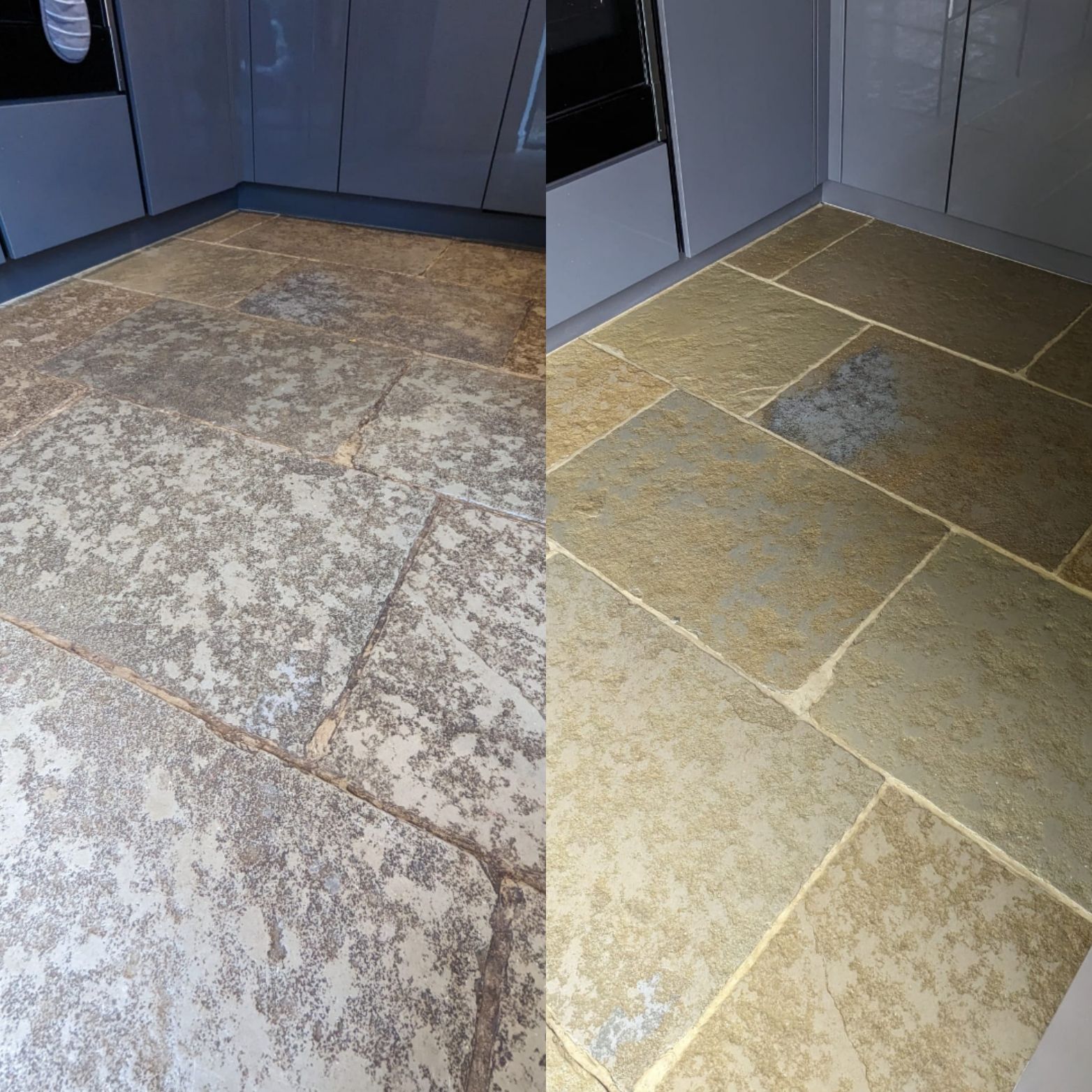 A before and after photo of a tile floor in a kitchen