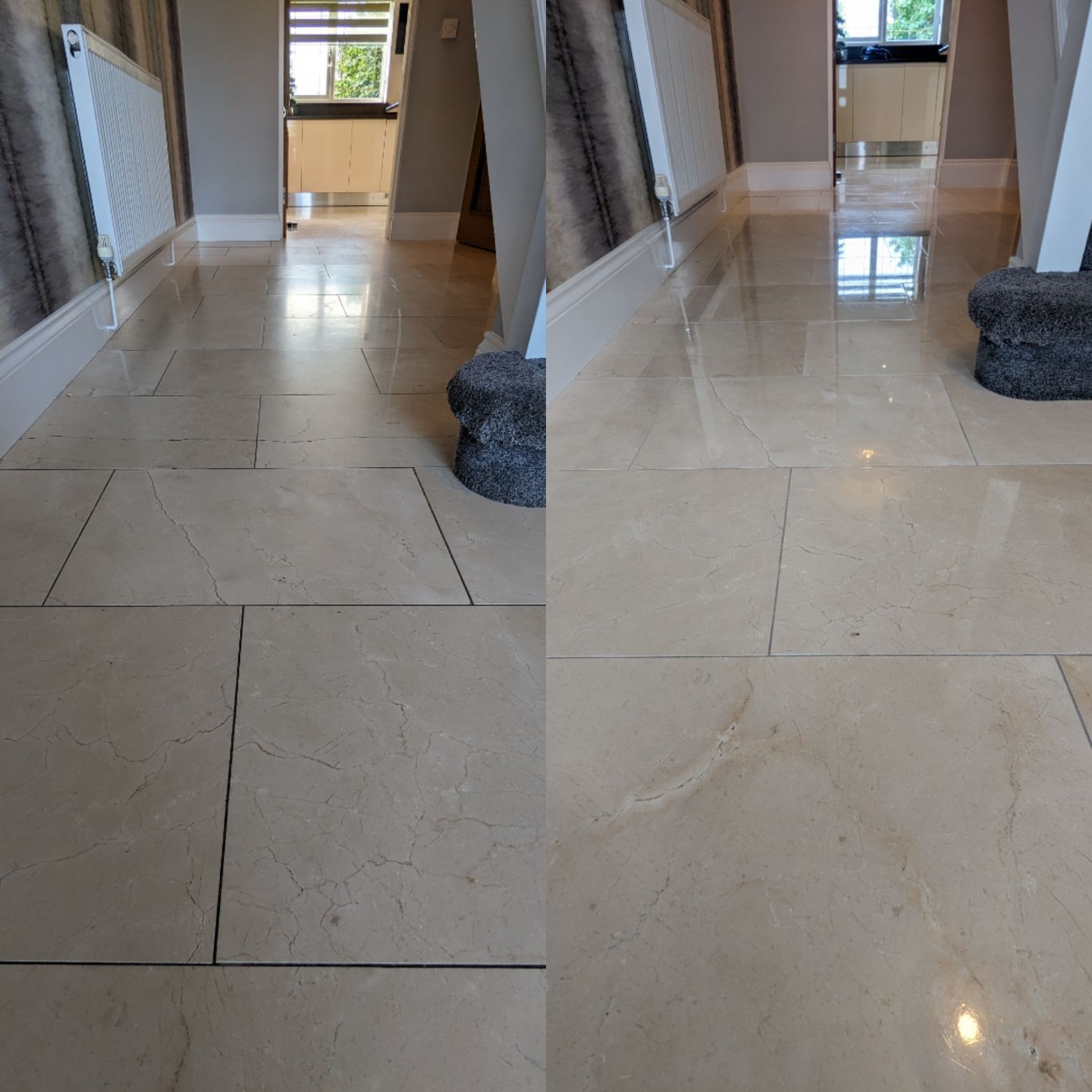 Marble floor deep cleaning, polishing, sealing and grout cleaning in Greater Manchester. Filling in holes with a resin filler.