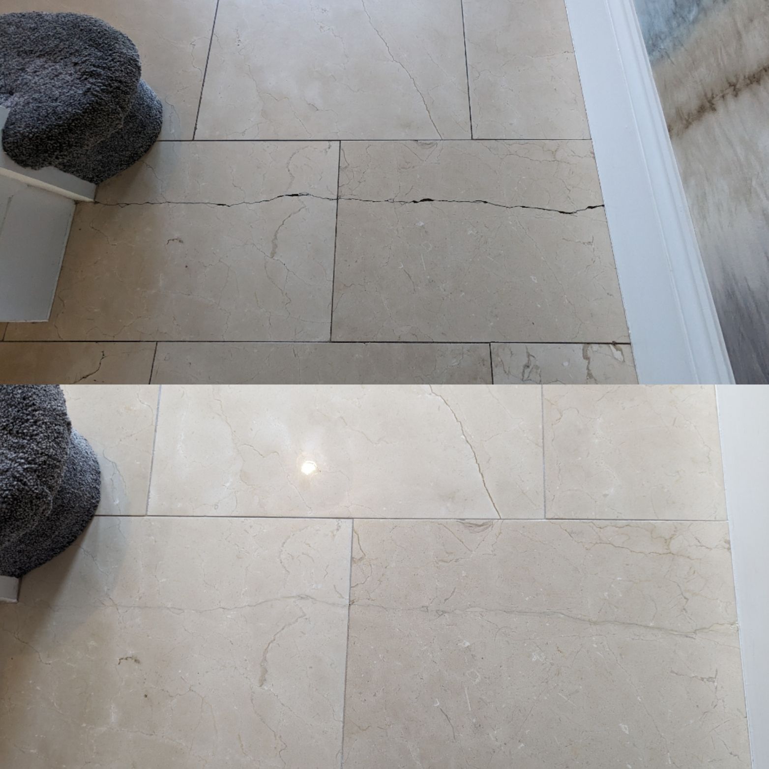 Marble floor deep cleaning, polishing, sealing and grout cleaning in Greater Manchester. Filling in holes with a resin filler.