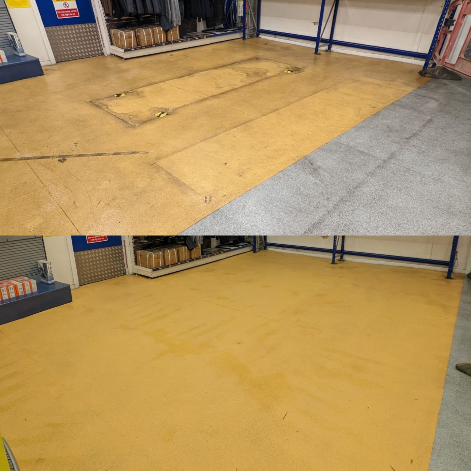 Jewson's store in Chester โ deep cleaned and restored vinyl floor. Before and after results show a refreshed clean surface