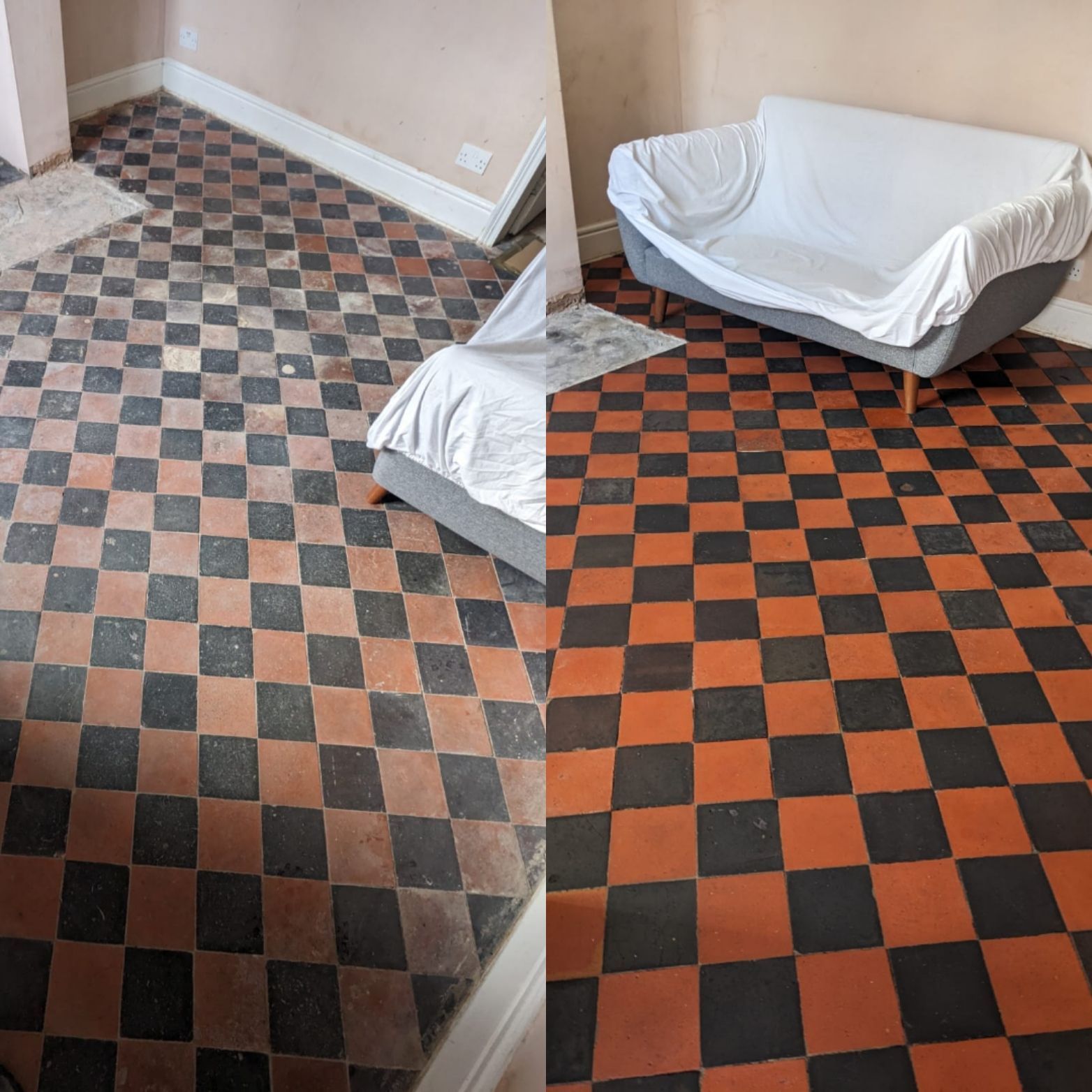 A before and after photo of a checkered floor with a couch on it.