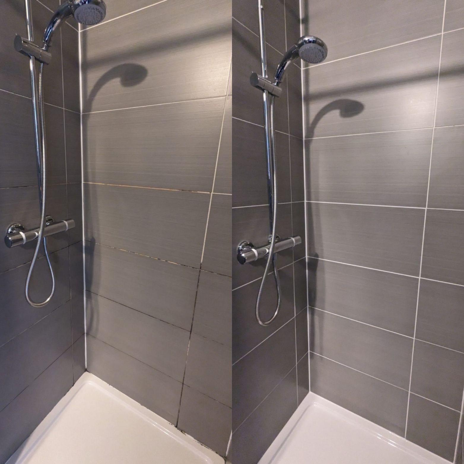 SHOWER AND BATH AREA RESTORATION with mouldy silicone sealant and dicoloured grout IN MANCHESTER