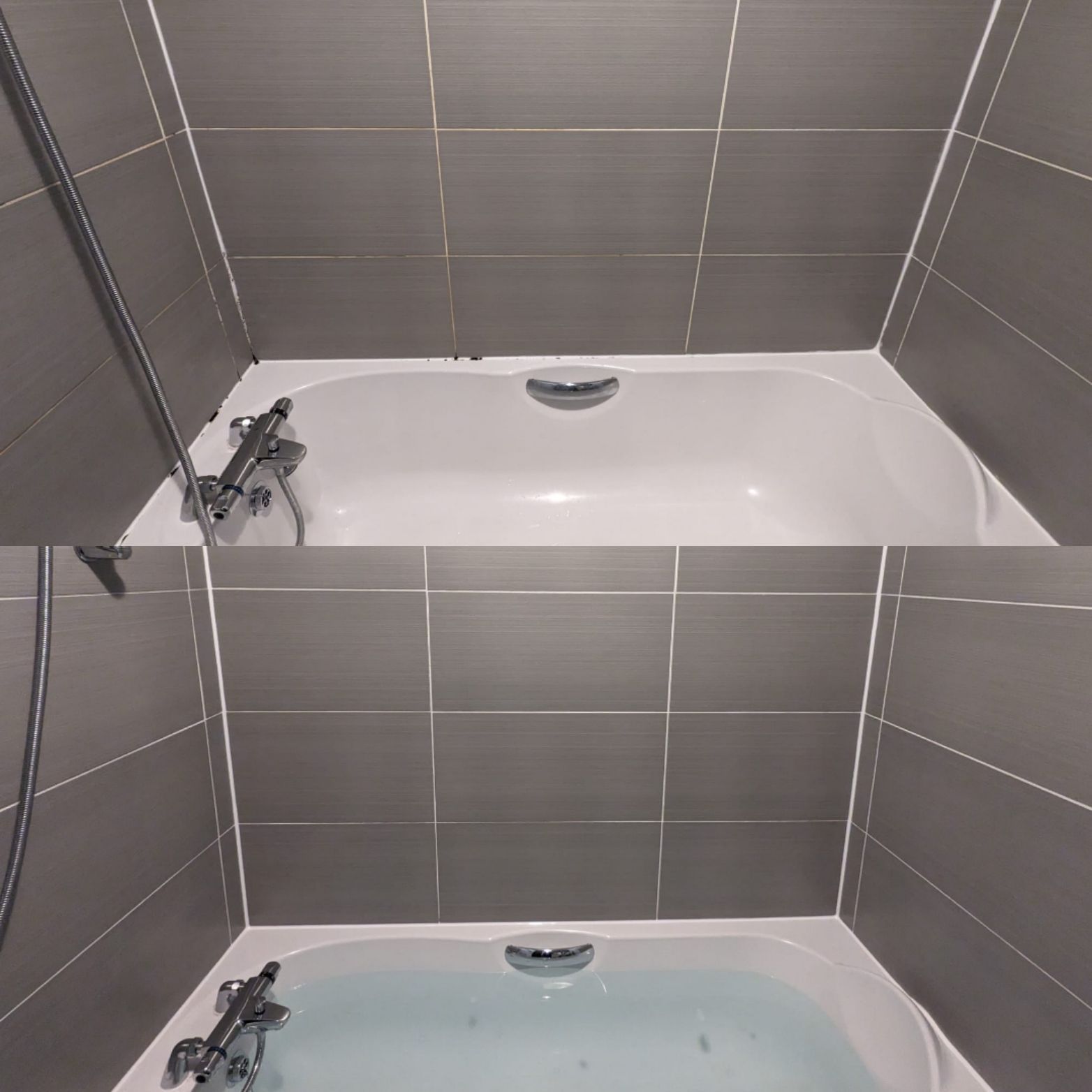 SHOWER AND BATH AREA RESTORATION with mouldy silicone sealant and dicoloured grout IN MANCHESTER, GREATER MANCHESTER