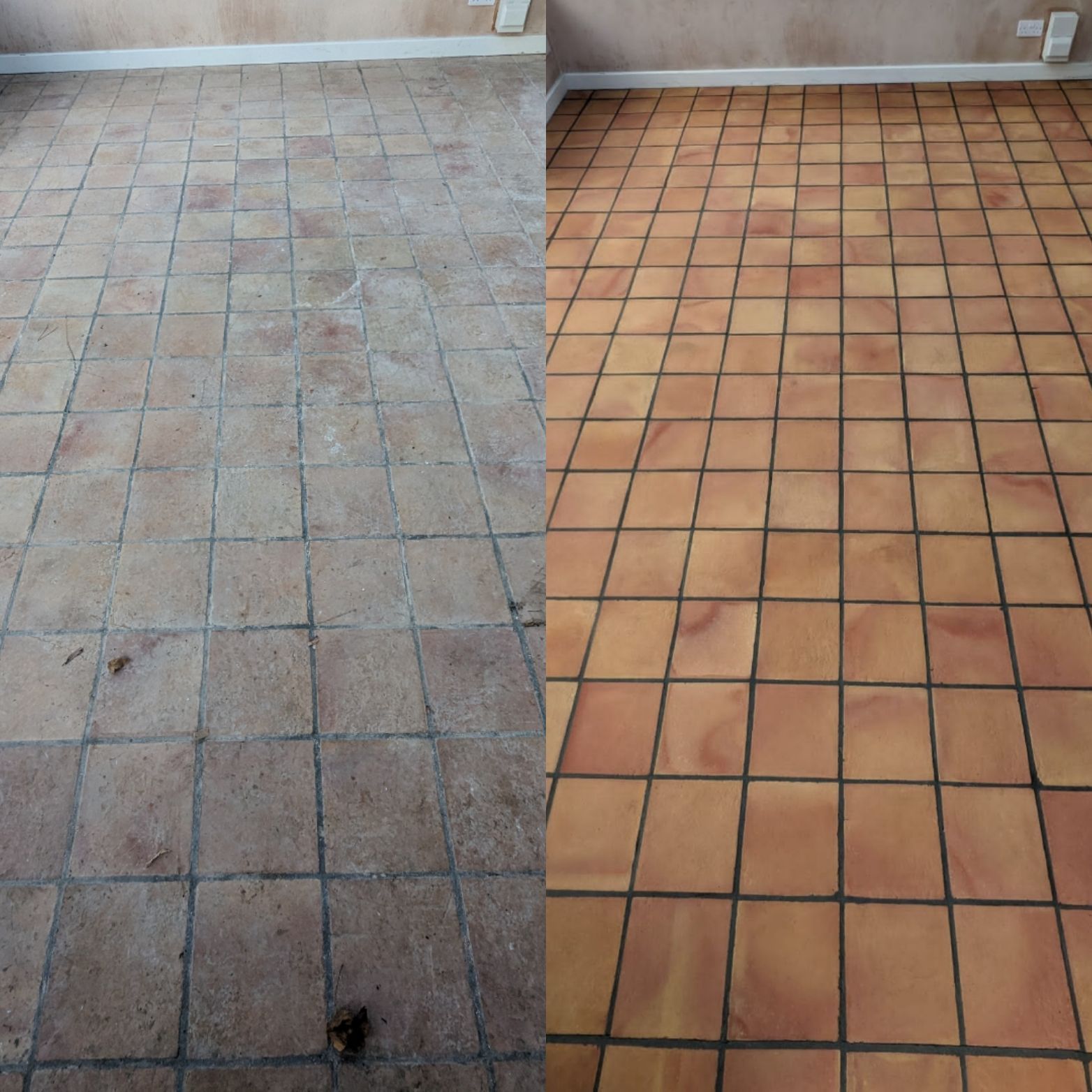 A before and after photo of a tiled floor