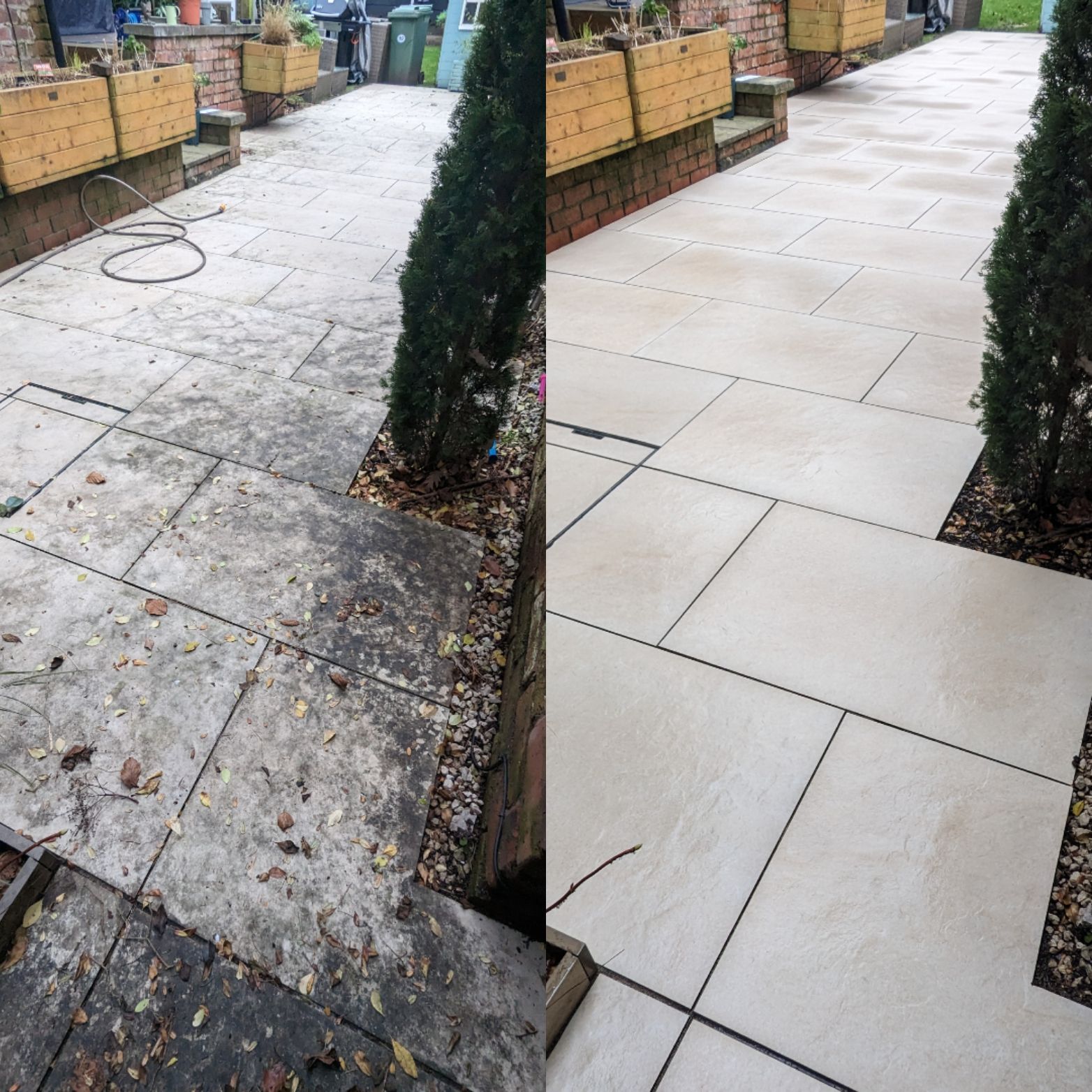 A before and after photo of a patio being cleaned.