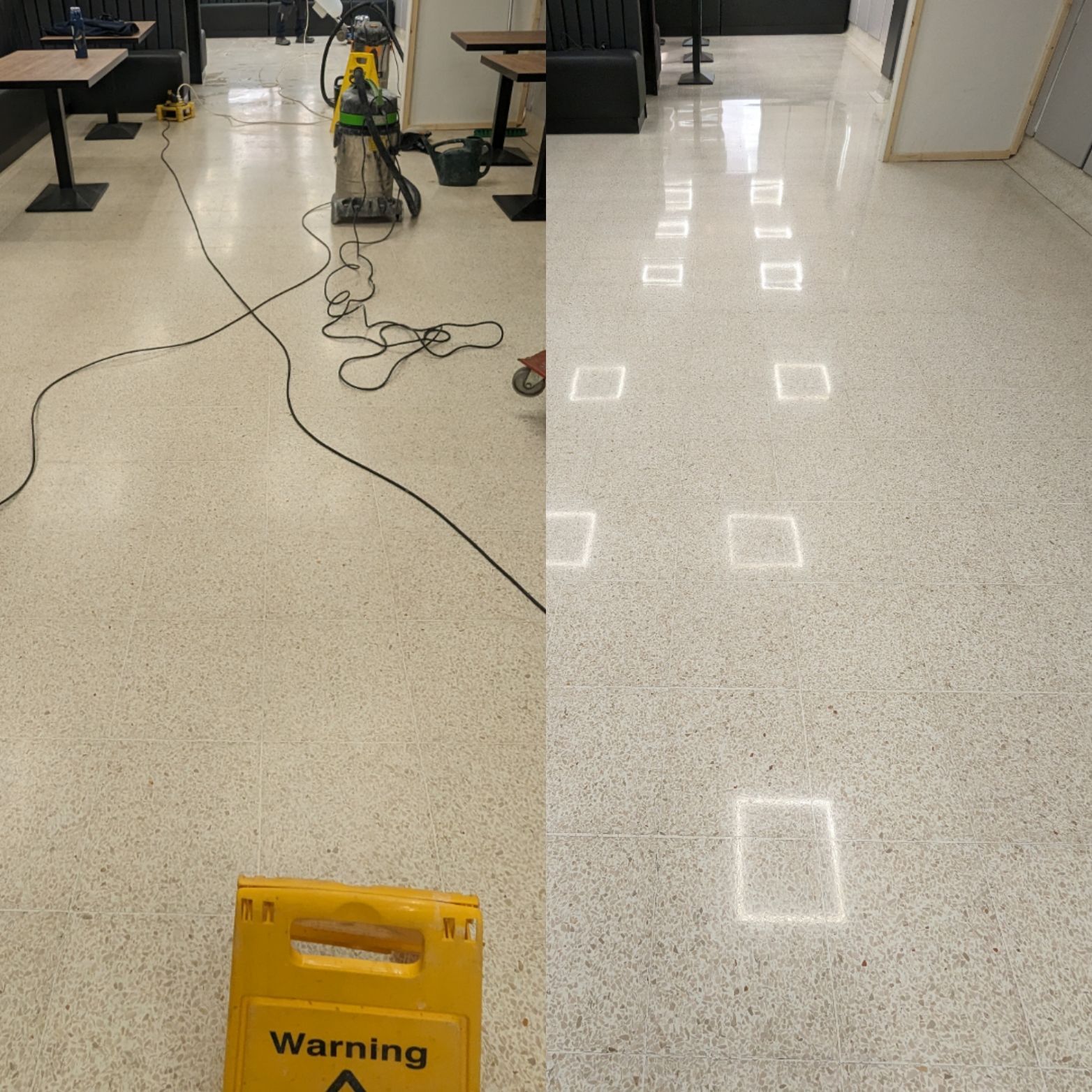 Before and after terrazzo floor polishing at Warburtons in Burnley. Restored shine and smooth finish for a professional look.