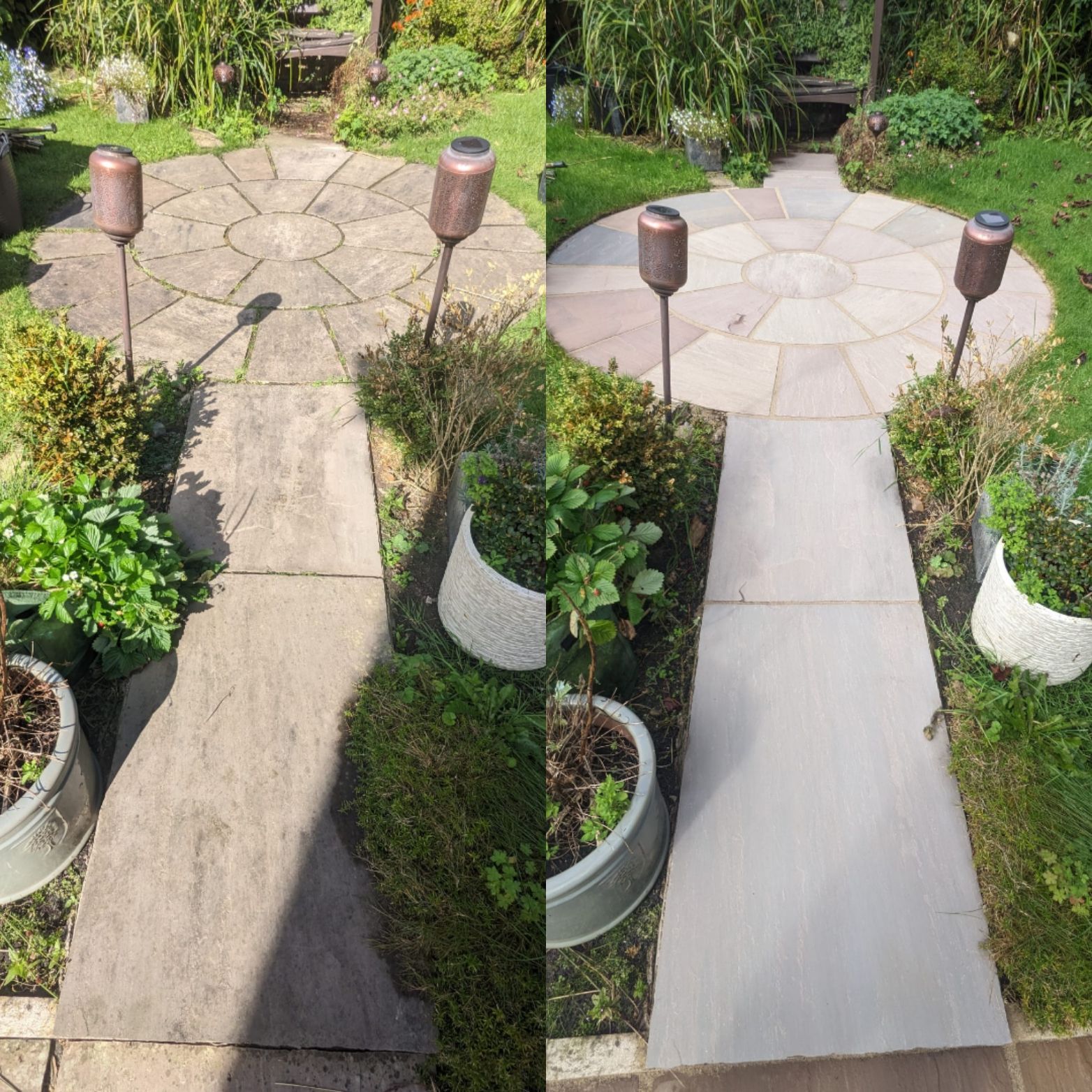 PATIO RESTORATION IN WESTHOUGHTON BY QUALITY TILE CARE. Patio cleaning, regrouting with Easyjoint
