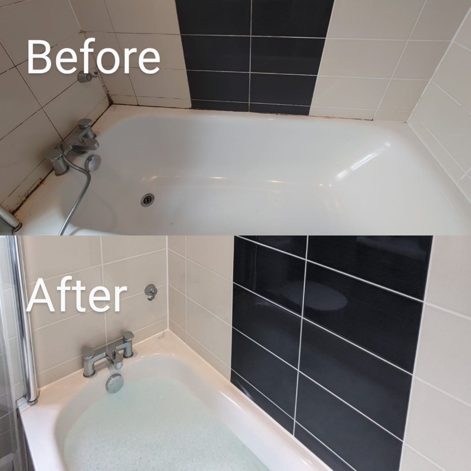 Before Photo: A shower bath area with dirty, discoloured grout lines and mouldy silicone sealant around the edges, showing visible signs of wear and grime.
shower bath restoration greater manchester, hindley, wigan
After Photo: The same shower bath area, now sparkling clean with restored grout lines, fresh silicone sealant, and tiles that look brand new after deep cleaning and sealing.