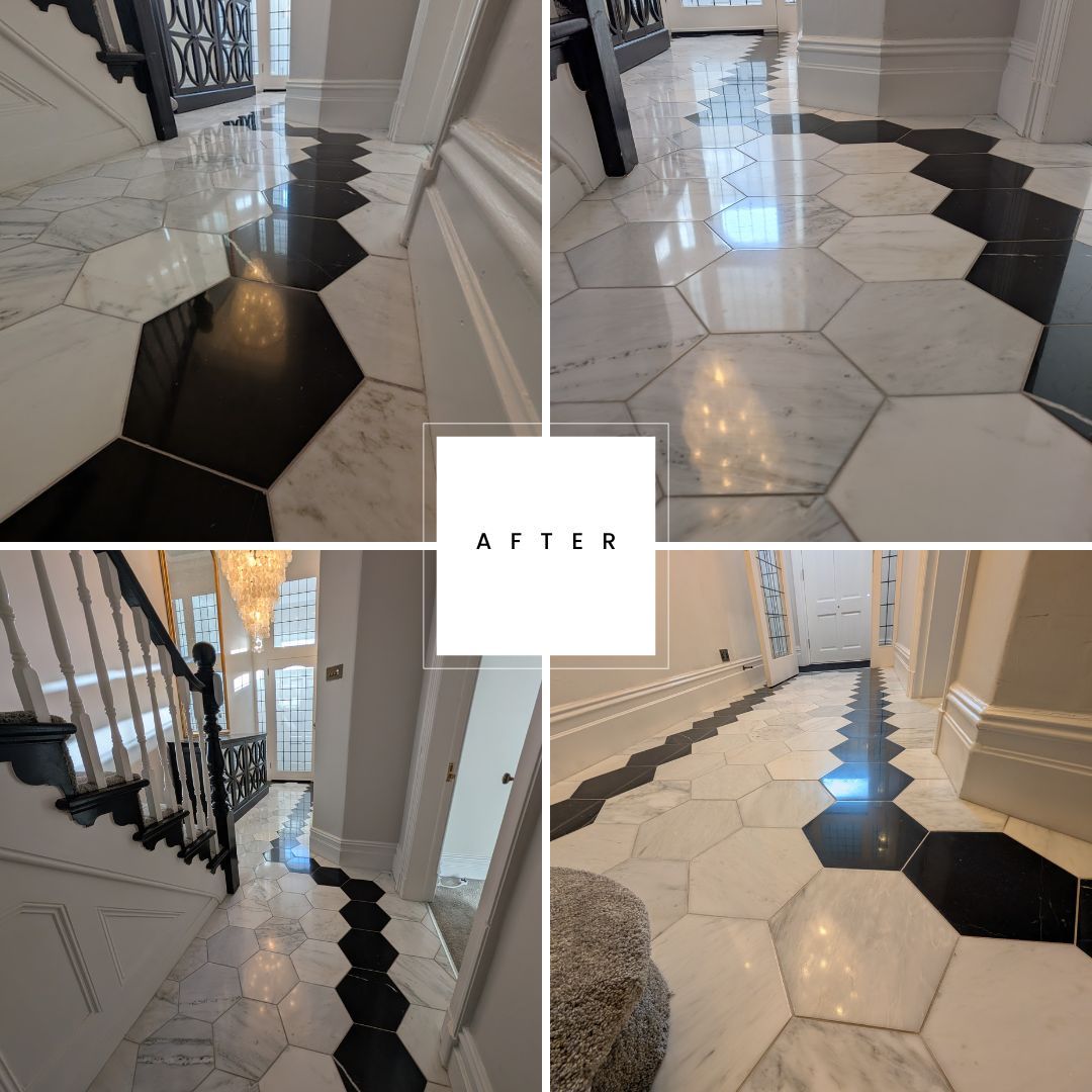 Collage of marble floor after professional restoration in Lancashire showing polished medium sheen finish and clean grout lines.
