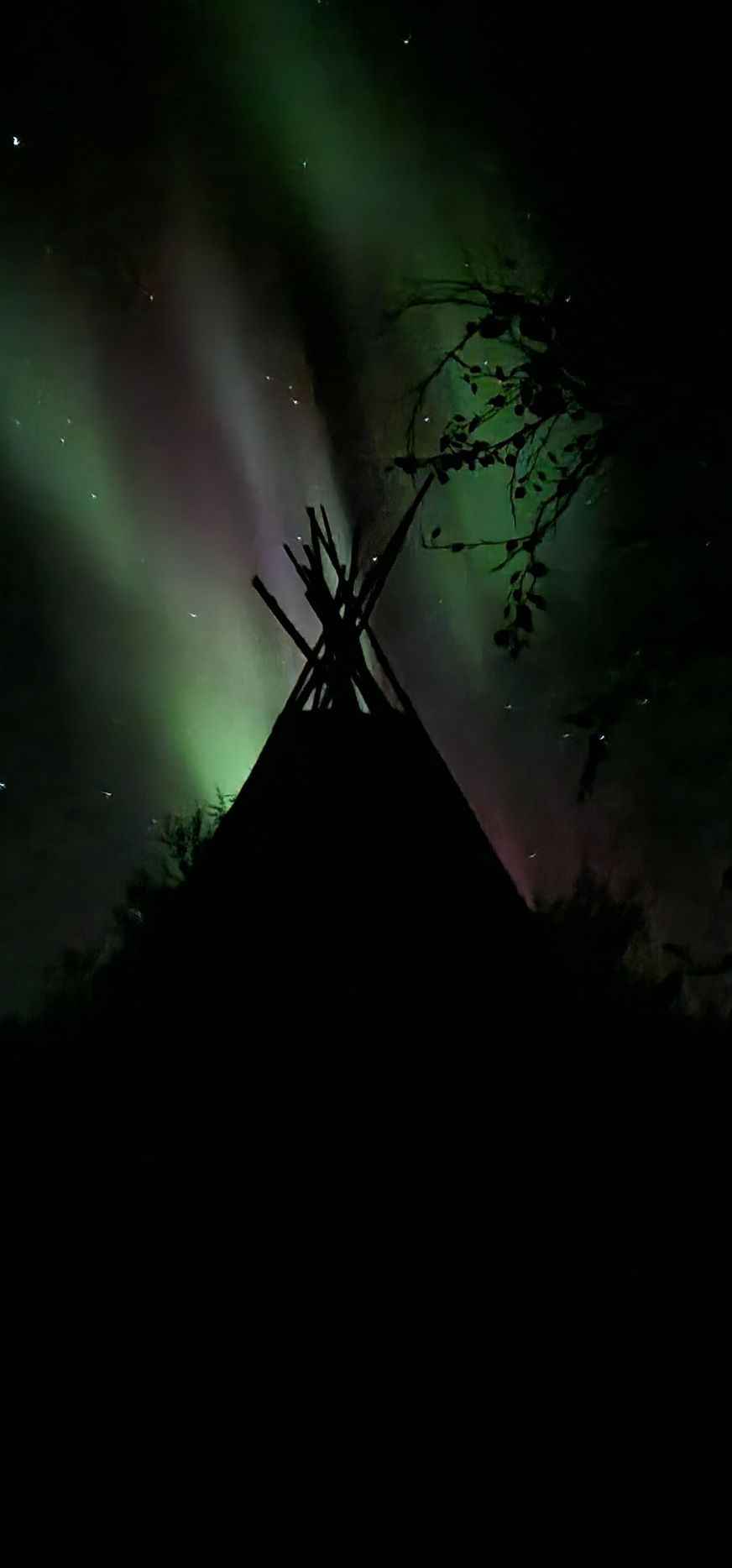Northern lights above our traditional Sámi hut, lávvu, in Utsjoki.