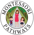 A logo for montessori pathways with a woman and two children