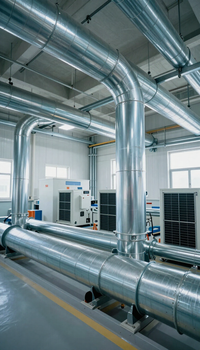 Condotti di climatizzazione industriali in un luminoso locale tecnico con tubi argentati e armadi per apparecchiature.