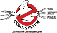 Logo in stile Ghostbusters con un fantasma stilizzato all'interno di un simbolo rosso di
