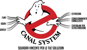 Logo CANAL SYSTEM con un orso bianco che tiene in mano un tubo rosso, testo nero e piccolo slogan per filtrazione e canalizzazione.