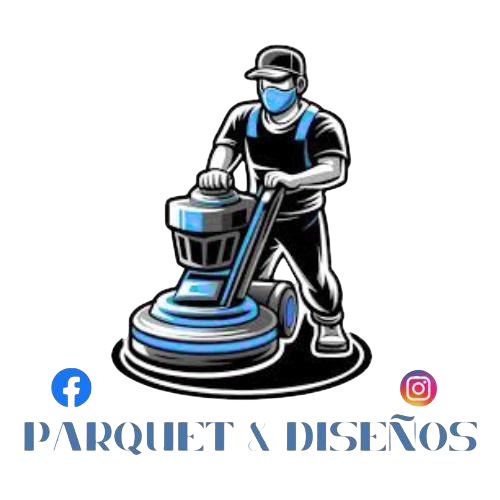 Persona lijando un suelo con una máquina. Logotipo con iconos de redes sociales y el texto