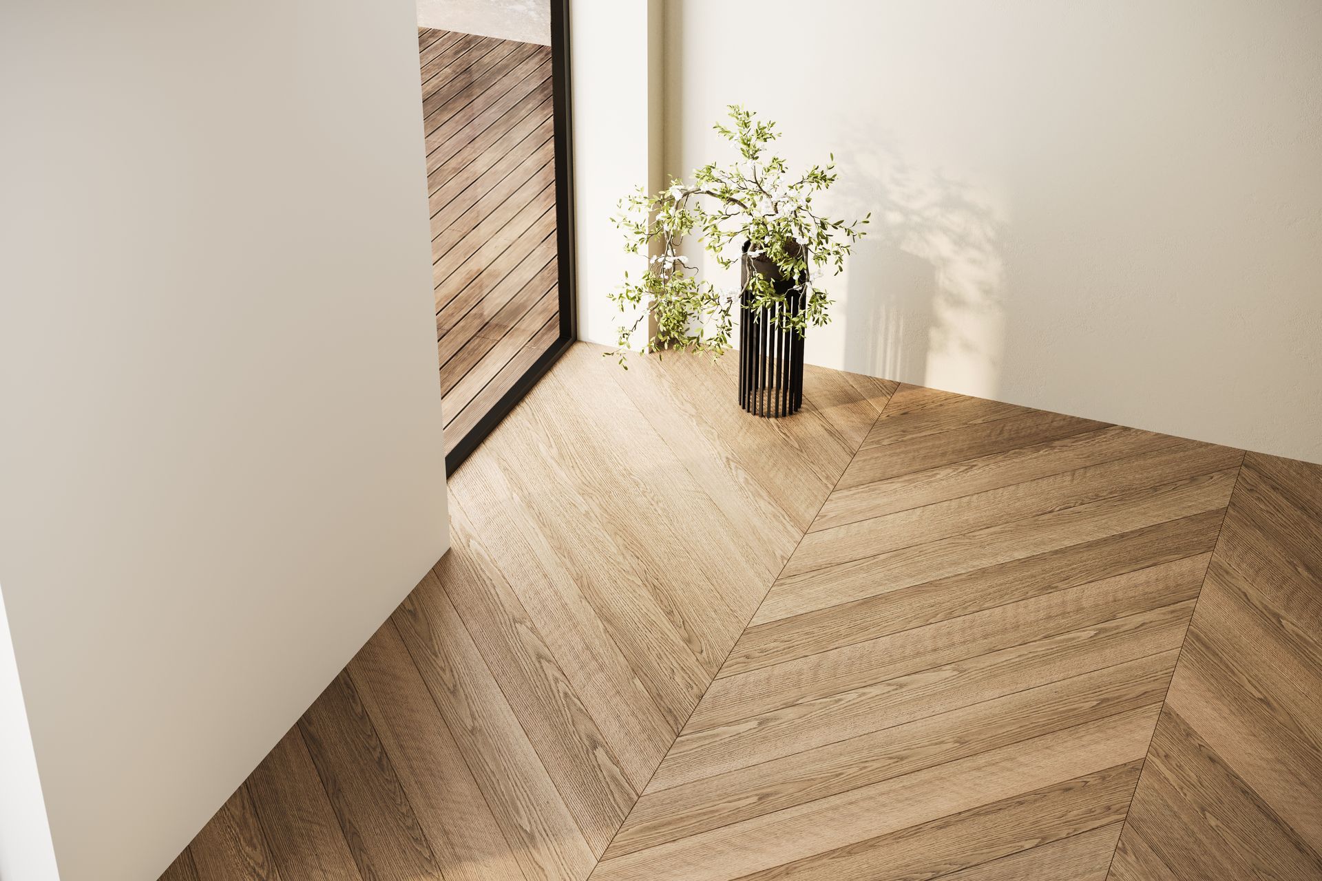 Bright minimalist room with herringbone wood floor, white walls, a vase of flowers, and sunlight casting shadows. Bright minimalist room with herringbone wood floor, white walls, a vase of flowers, and sunlight casting shadows.