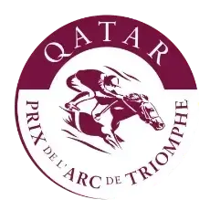 HBA Media | A circular logo for the Qatar Prix de l'Arc de Triomphe featuring a jockey riding a horse in maroon on a white background.
