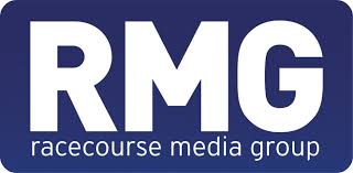 The logo for rmg racecourse media group is blue and white.
