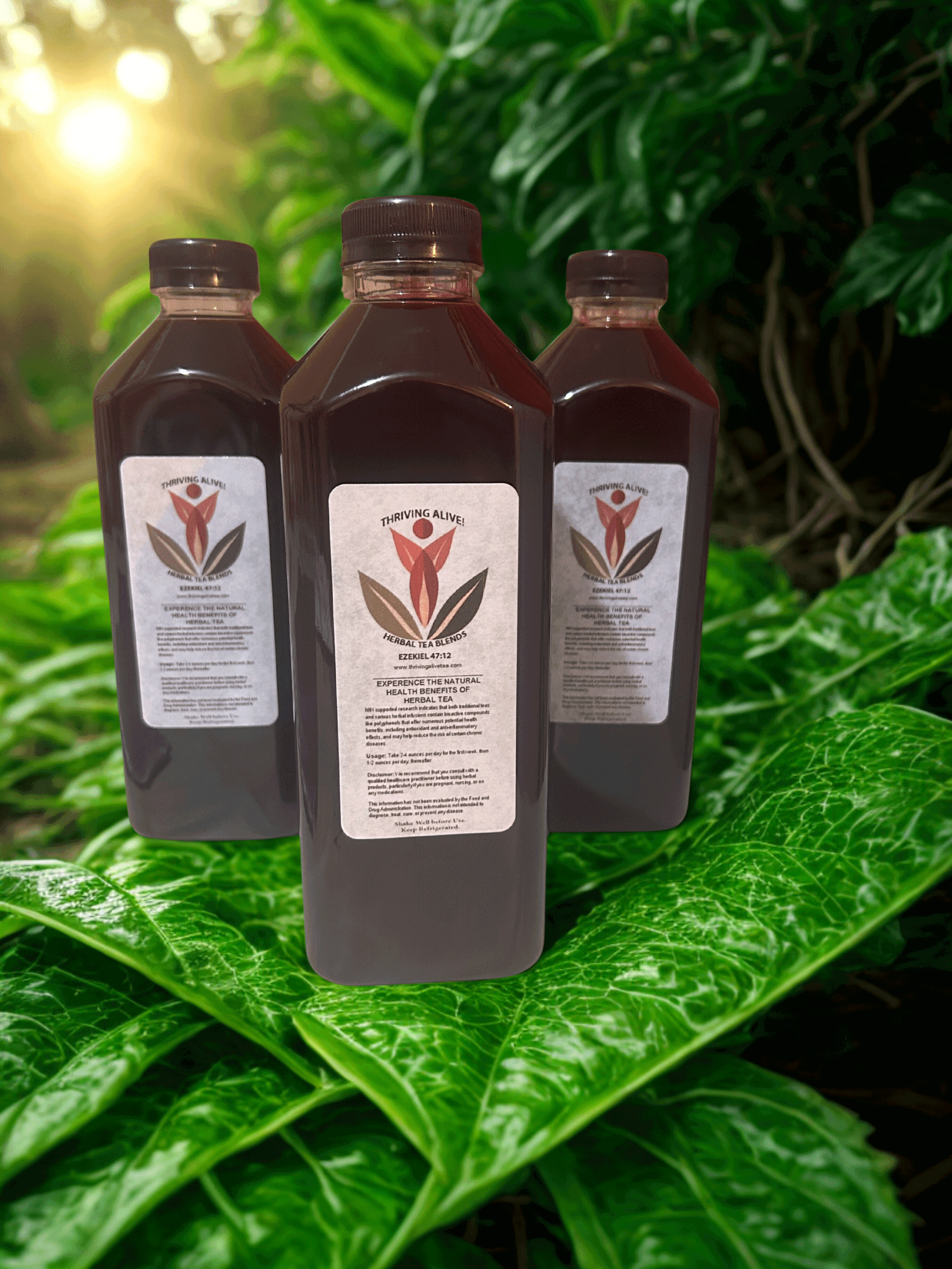 Three bottles of dark liquid on green leaves, with labels, sunlight in background.