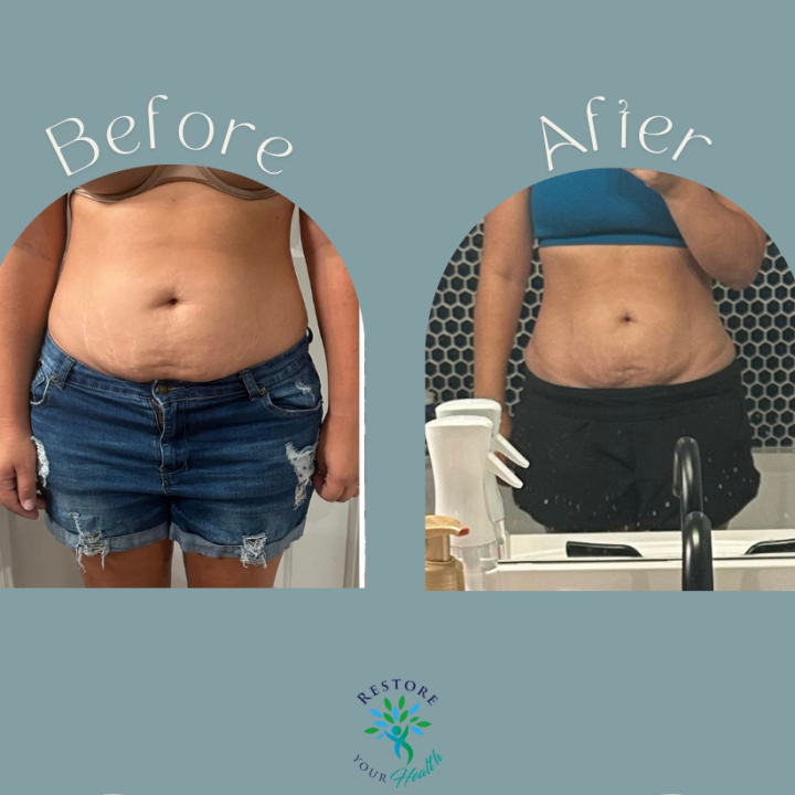 Weight loss comparison. Before: woman in denim shorts. After: woman in black shorts, revealing weight loss.