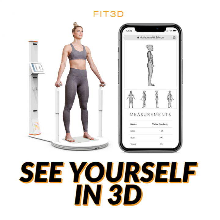 Woman using FIT3D body scanner; phone shows 3D body scan and measurements.