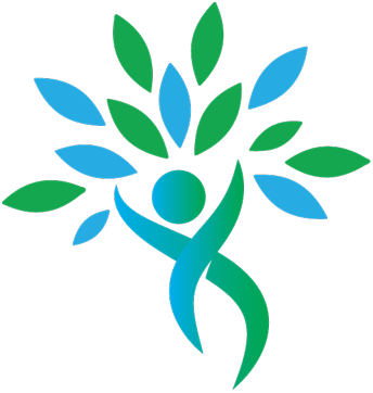 Person with raised arms, connected to tree with blue and green leaves.