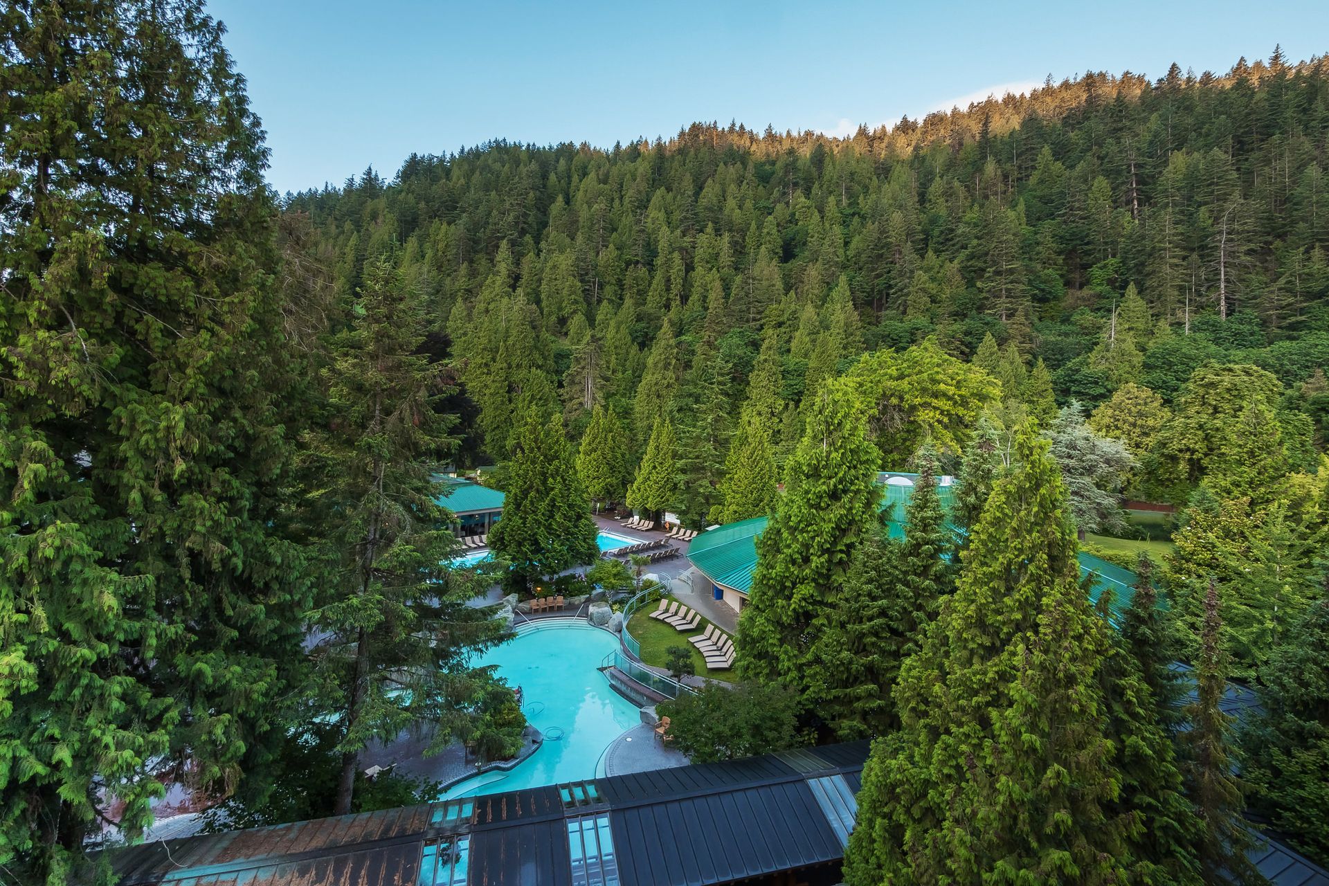 Hot Spings resort with turquoise rooftops nestled among dense green trees on a hillside