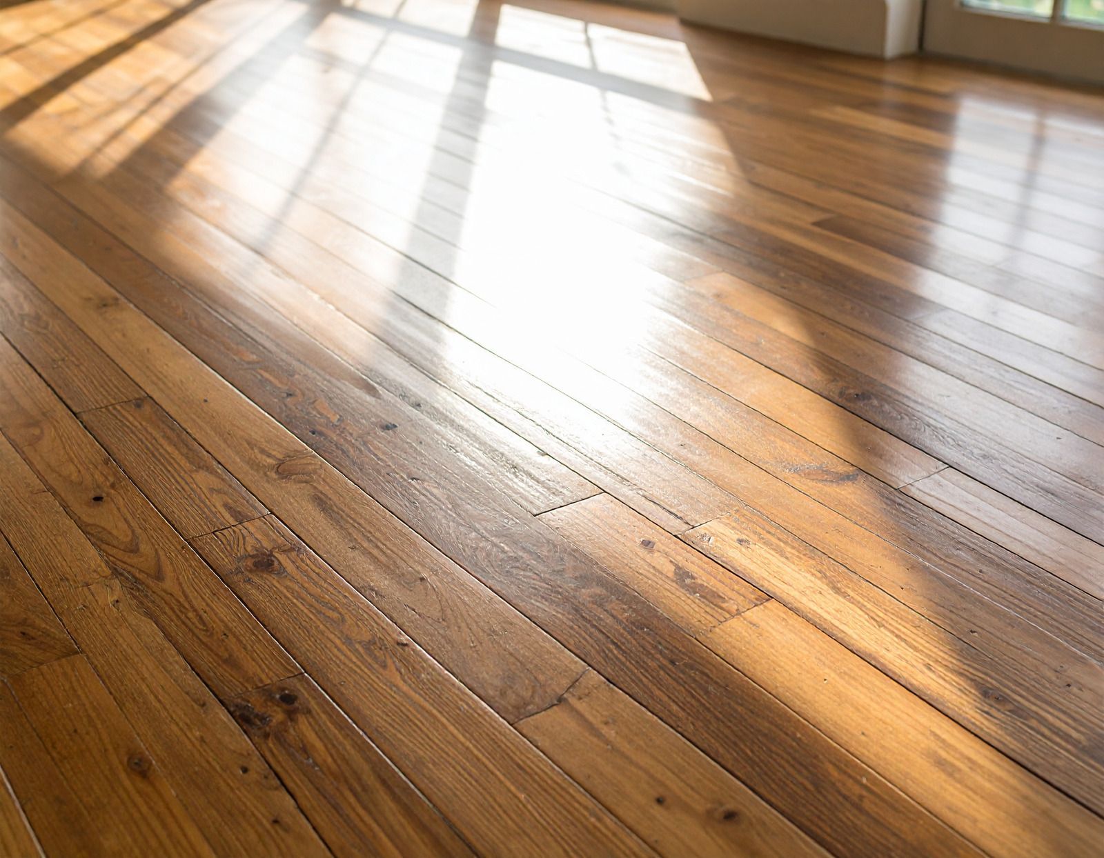 Sunlit wooden floor with warm brown planks and bright reflections