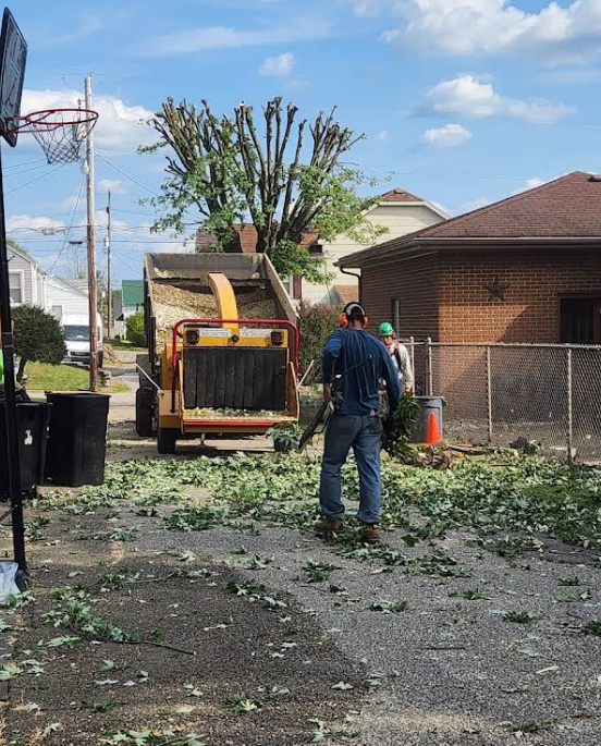 Man blowing leaves into a wood chipper. Debris litters the driveway near a house and basketball hoop.