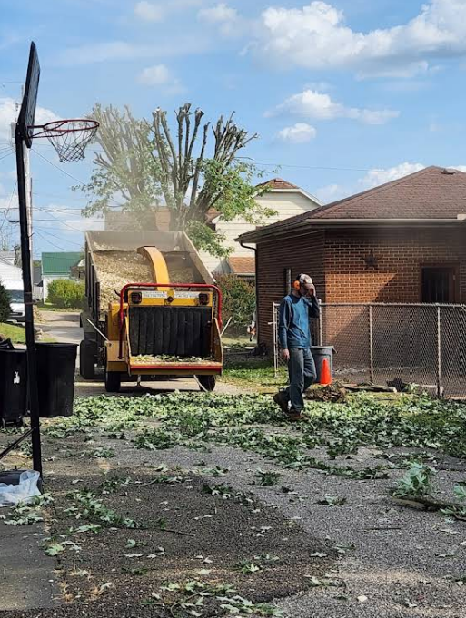 A wood chipper processes tree branches as a worker stands nearby, amidst scattered leaves. Basketball hoop in background.